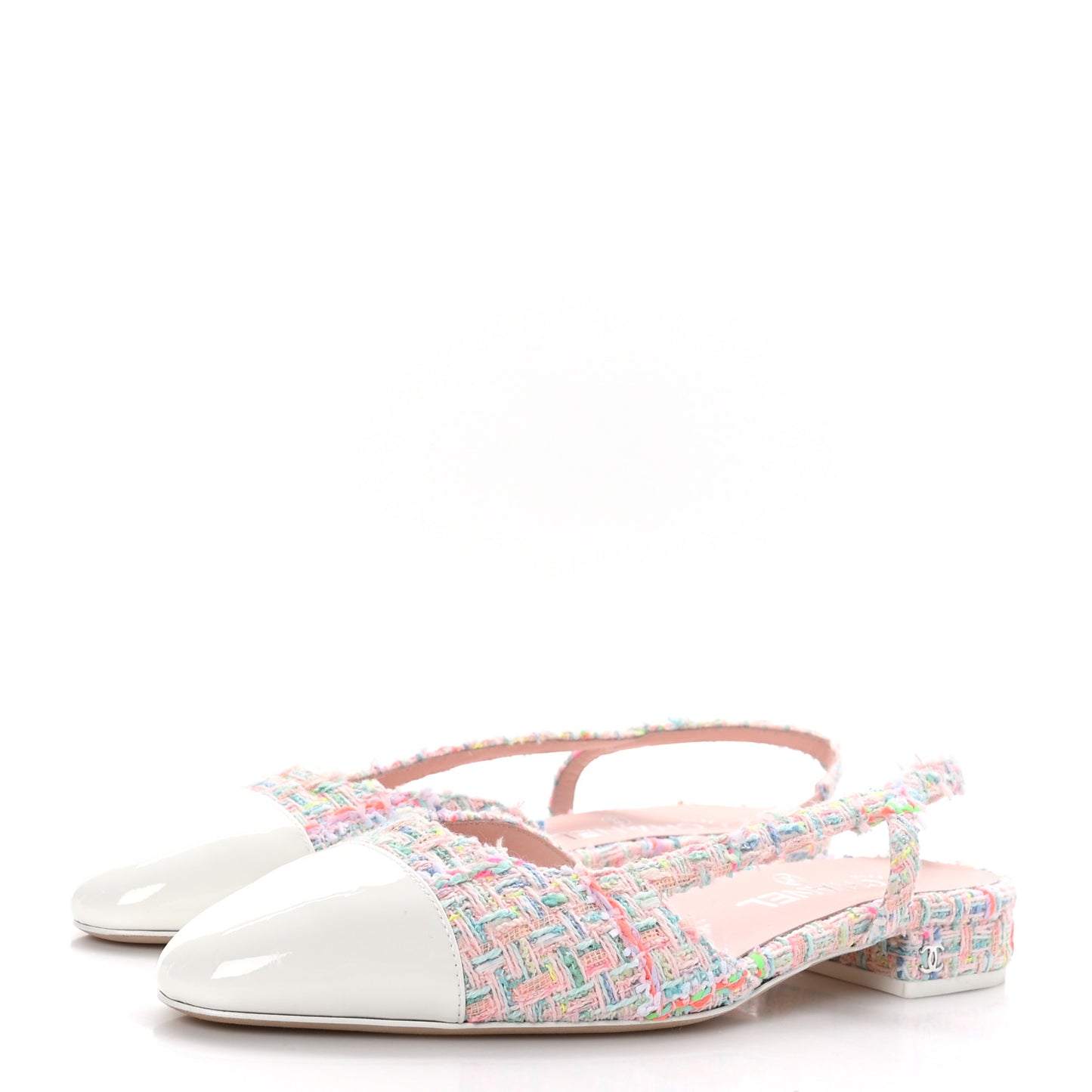 Tweed Patent Cap Toe Slingback Flats 38.5 Multicolor White