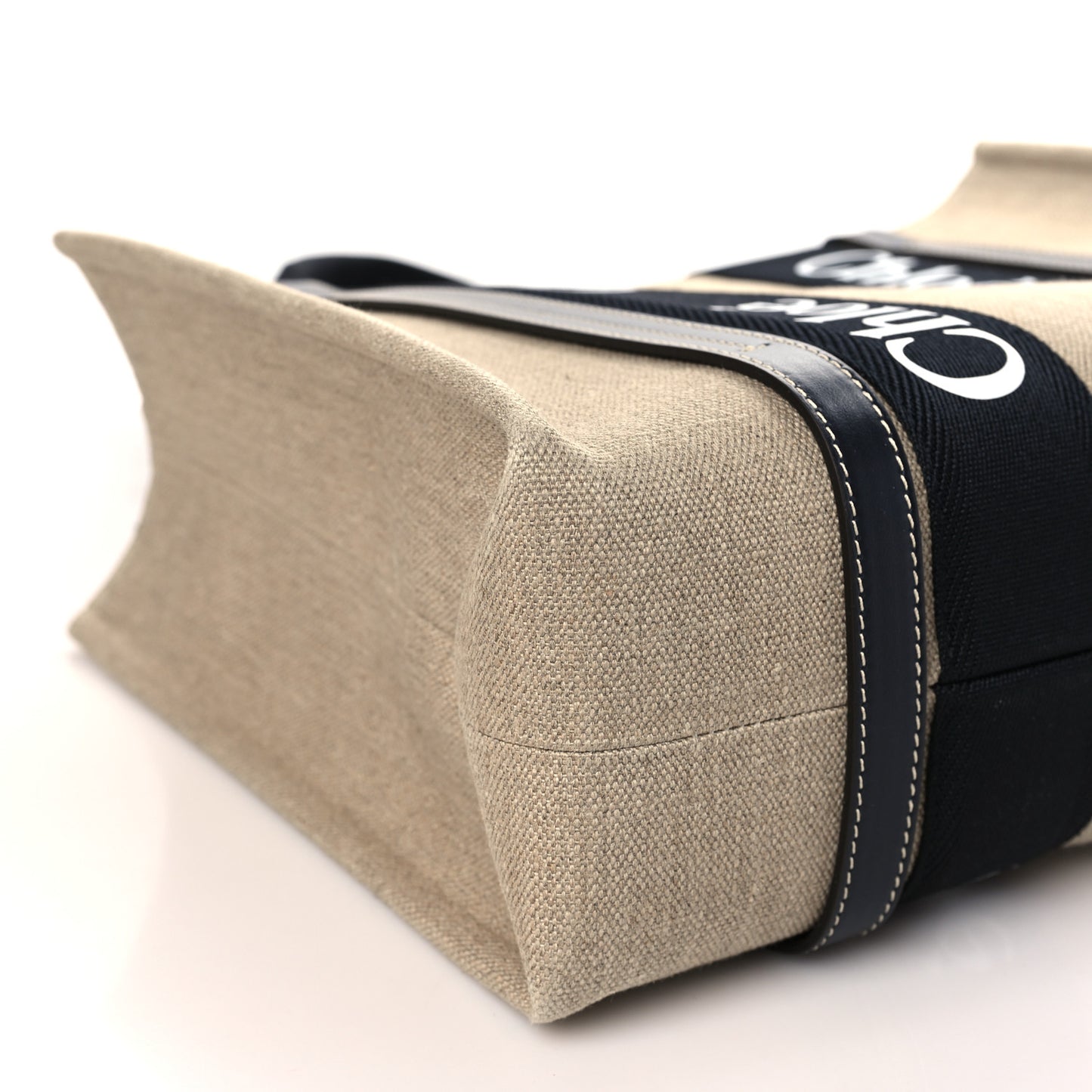 Linen Calfskin Medium Woody Ribbon Tote Black Blue