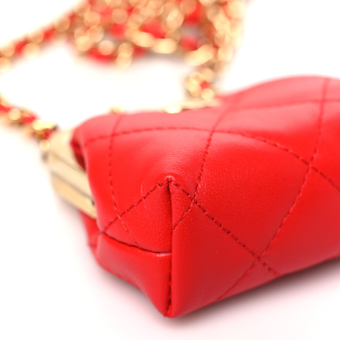 Lambskin Quilted Mini Kiss Lock Clutch With Chain Red