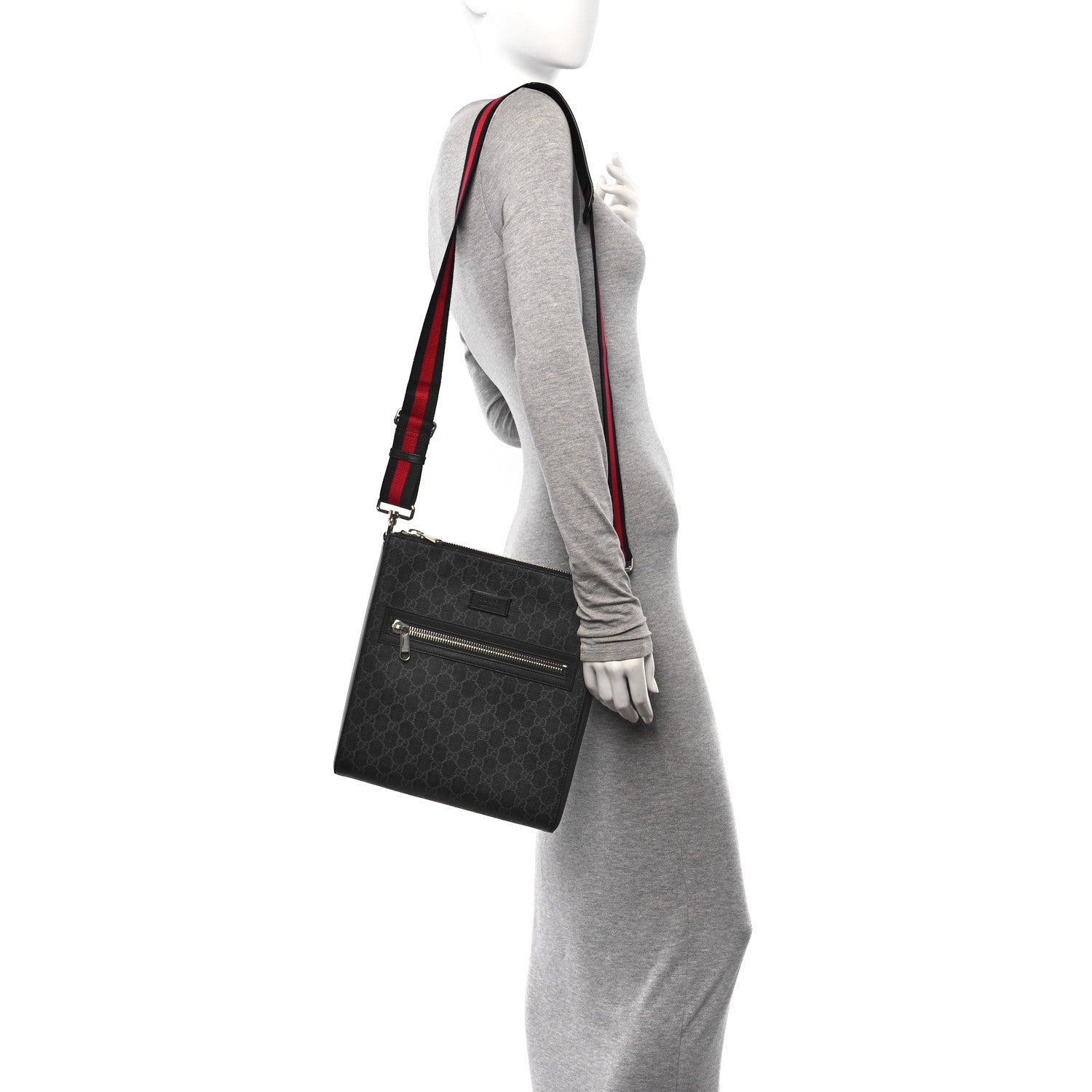 Gucci GG Supreme Monogram Appia Calfskin Web Flat Messenger Bag Black Grey 2 of 11