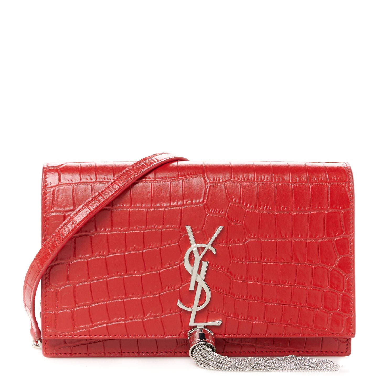 Calfskin Crocodile Embossed Kate Monogram Tassel Chain Wallet Red