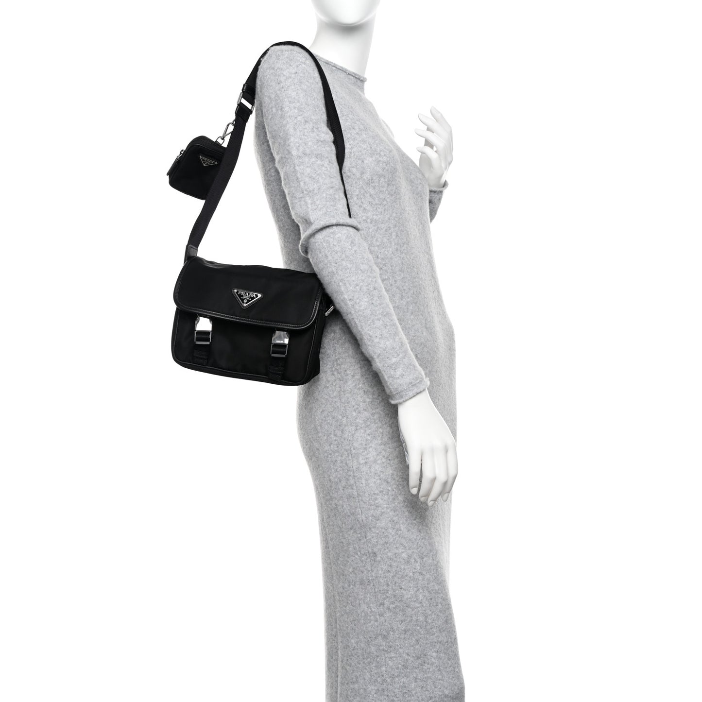 Re-Nylon Saffiano Pocket Double Snap Buckle Shoulder Bag Black