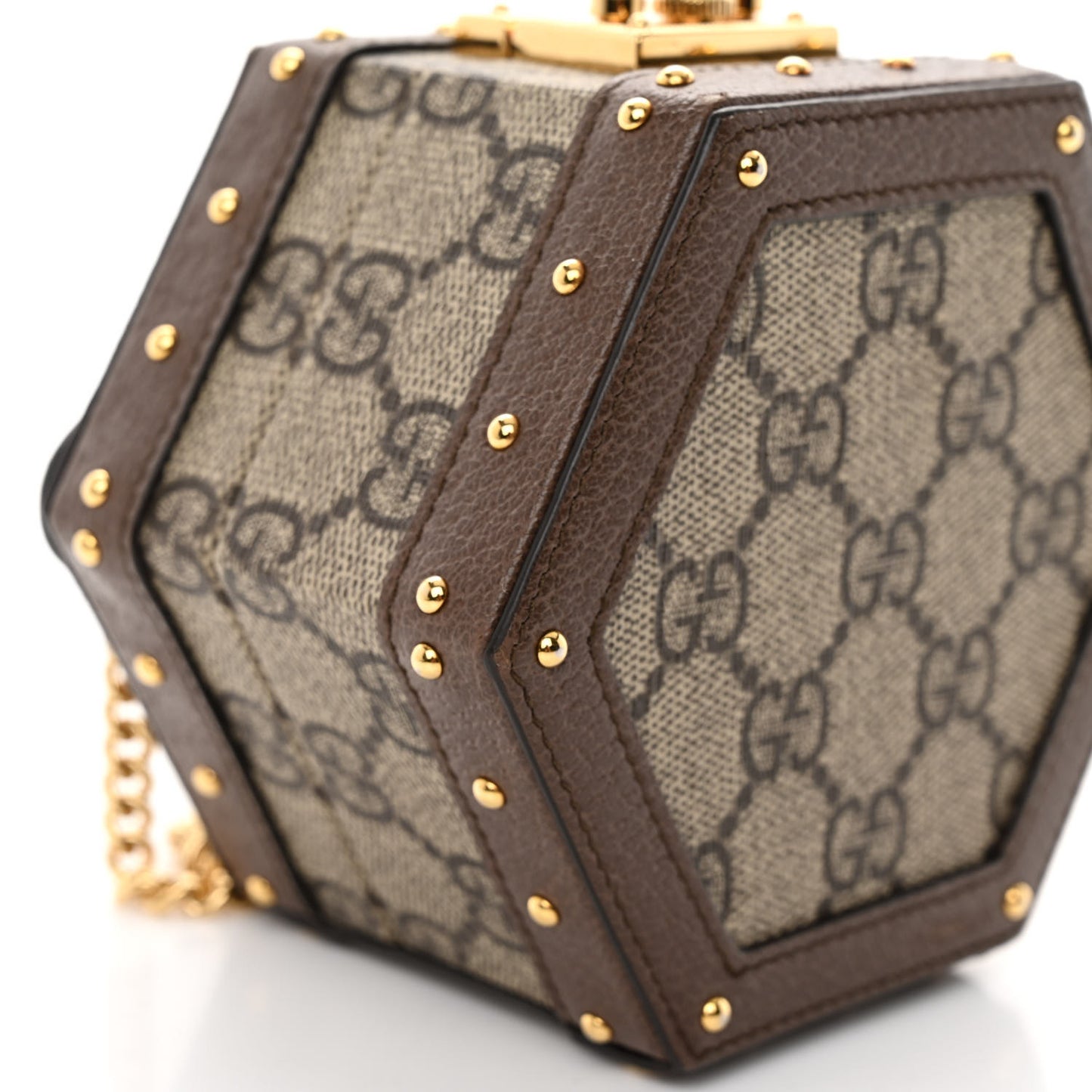 GG Supreme Monogram Textured Dollar Calfskin Studded Mini Padlock Hexagon Top Handle Case Beige Ebony New Acero