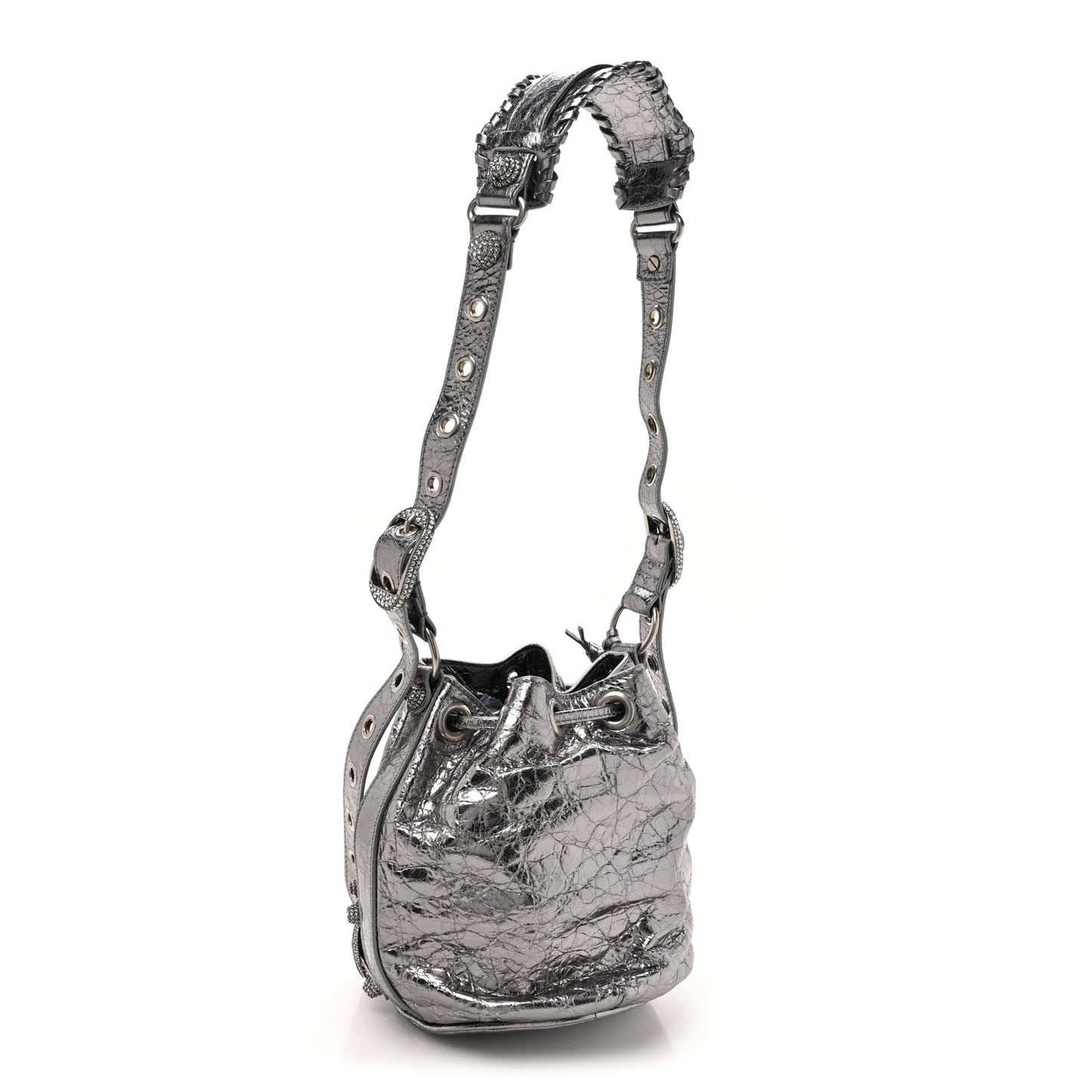 Metallic Agneau Arena Crystal Le Cagole Bucket Bag XS Silver