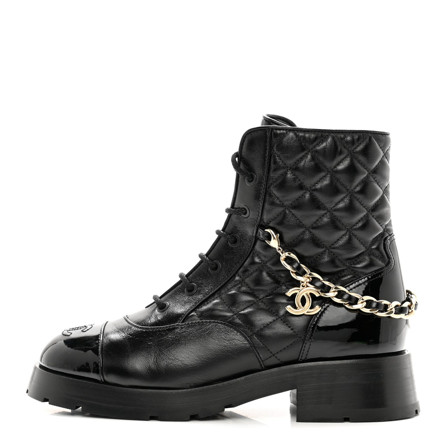Shiny Calfskin Patent Quilted Chain Lace Up Combat Boots 39 Black