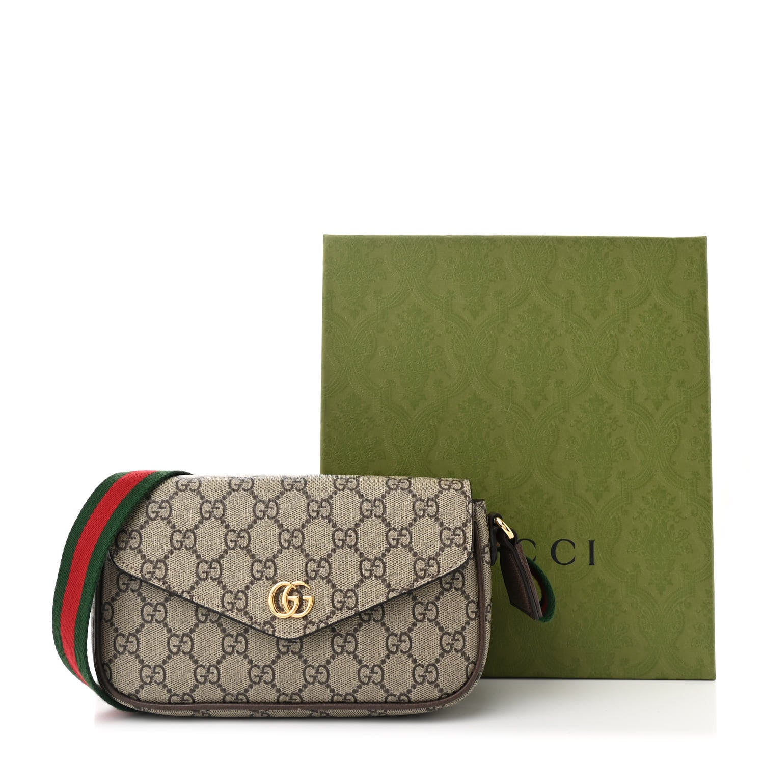 Gucci GG Supreme Monogram Textured Dollar Calfskin Web Mini Ophidia Envelope Shoulder Bag Beige Ebony New Acero 11 of 11