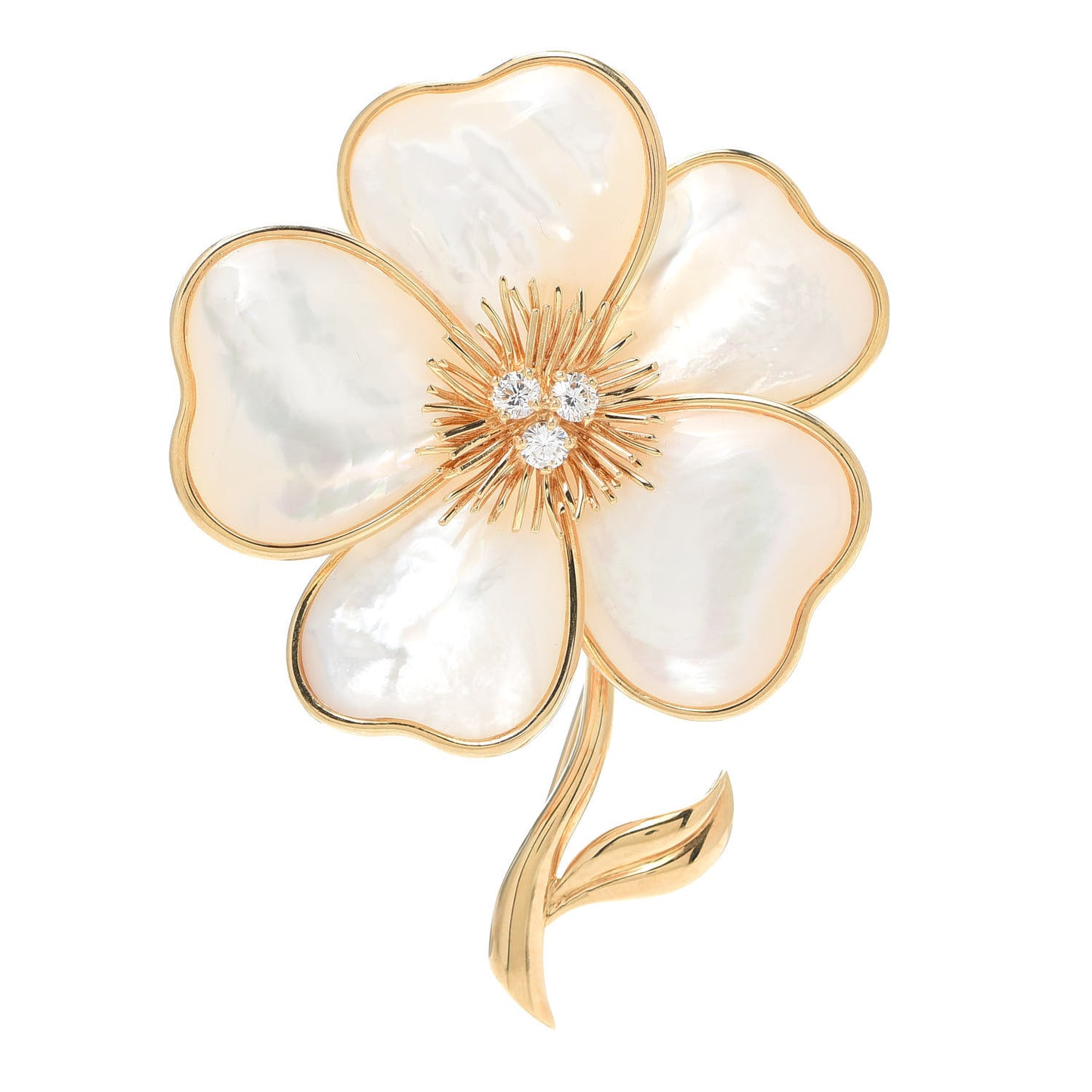 18K Yellow Gold Diamond Mother of Pearl Medium Clematite Brooch Pin