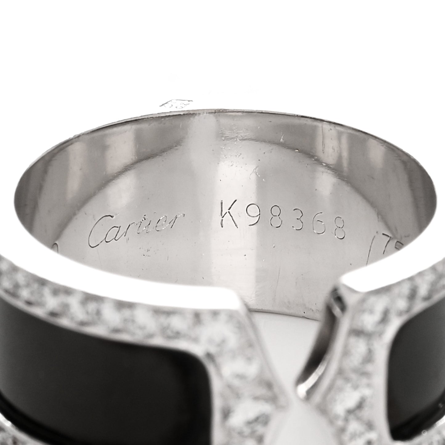 18K White Gold Enamel Diamond 10mm Logo De Cartier Ring Black 57 8