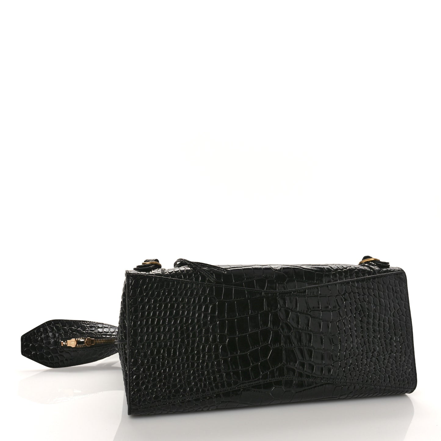 Shiny Supple Calfskin Crocodile Embossed Brass Hardware Neo Classic City Black