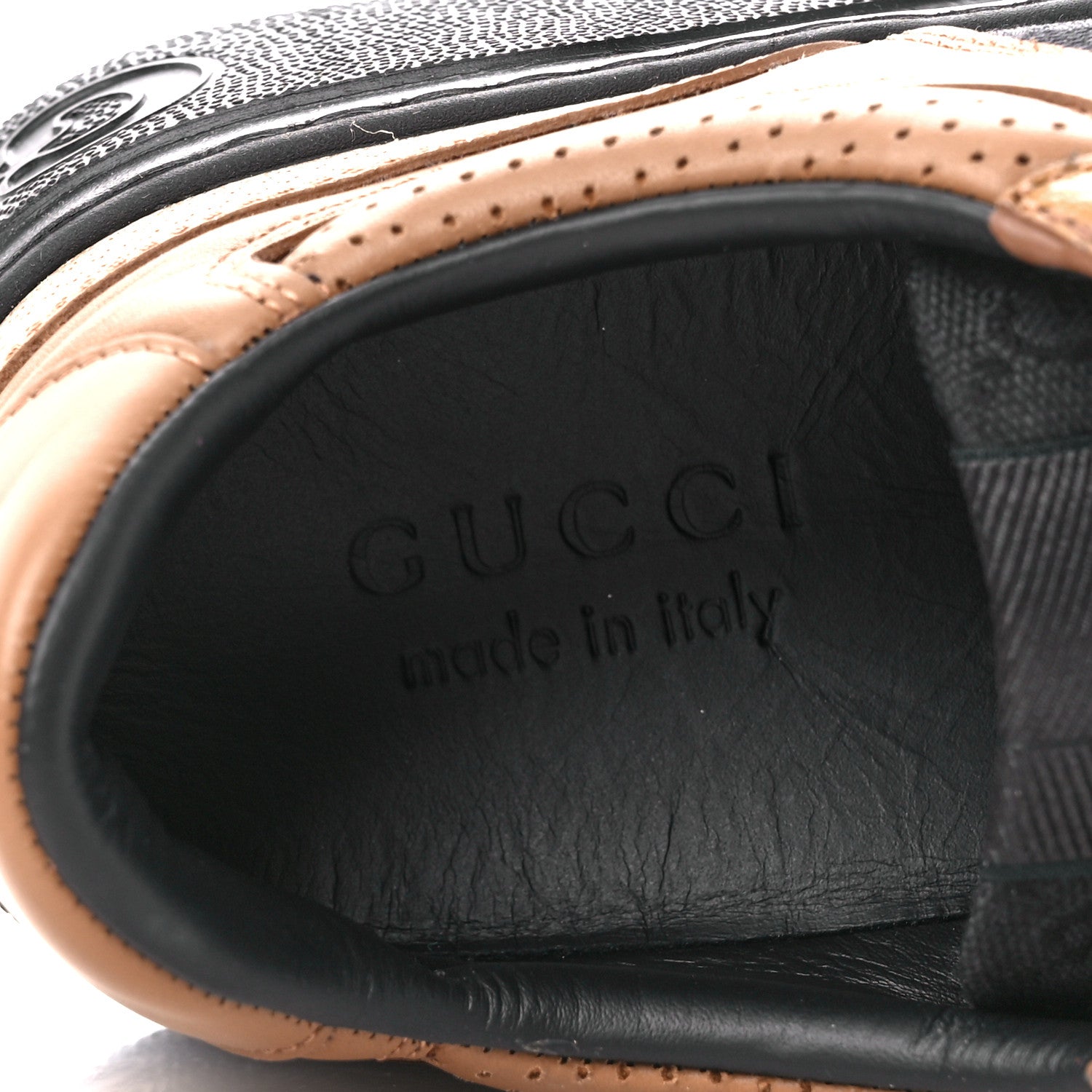 Gucci Textured Dollar Calfskin Monogram Perforated Mens Interlocking G 55mm Sneakers 8.5 Khaki Beige Black 8 of 10