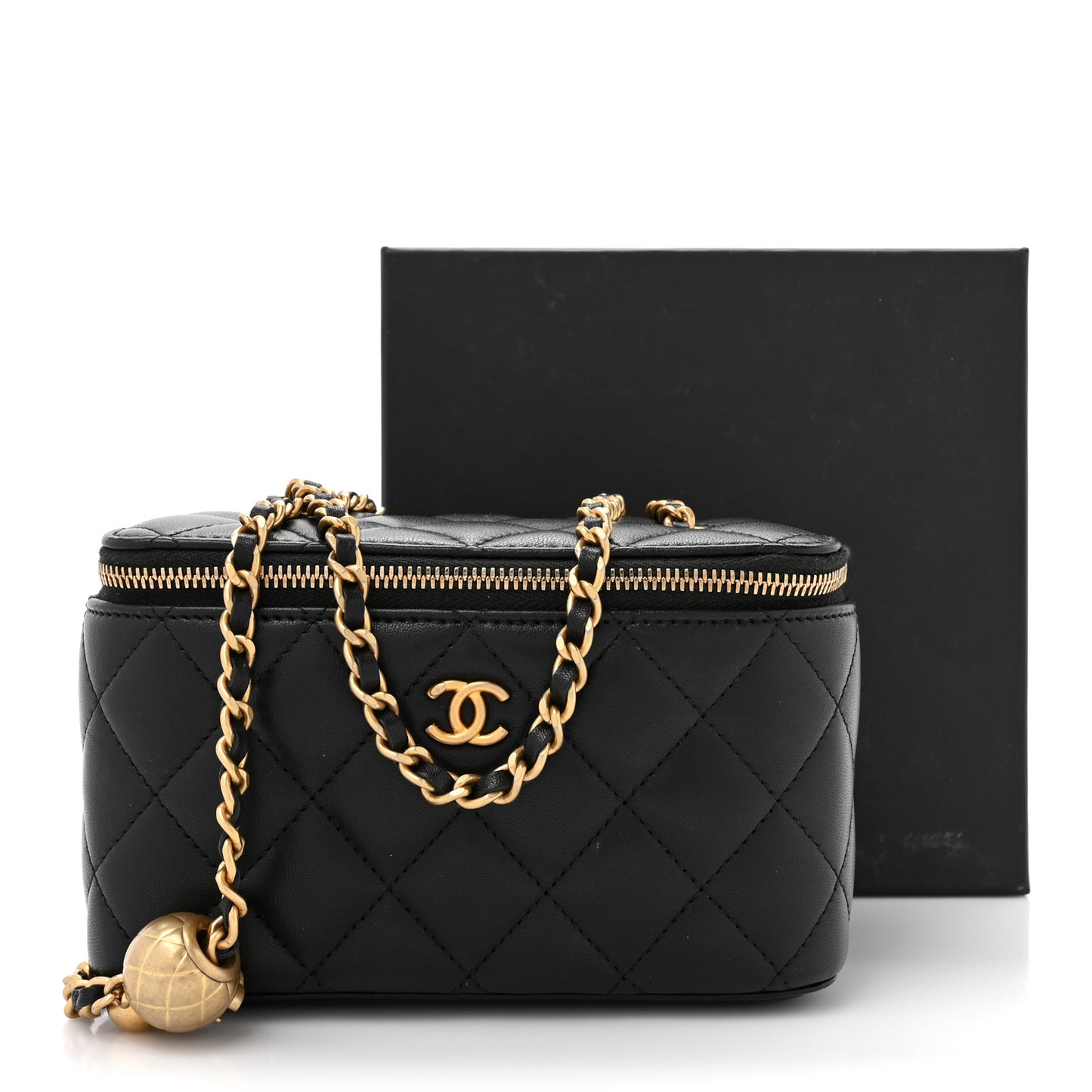 Lambskin Quilted Pearl Crush Small Vanity Case With Chain Black