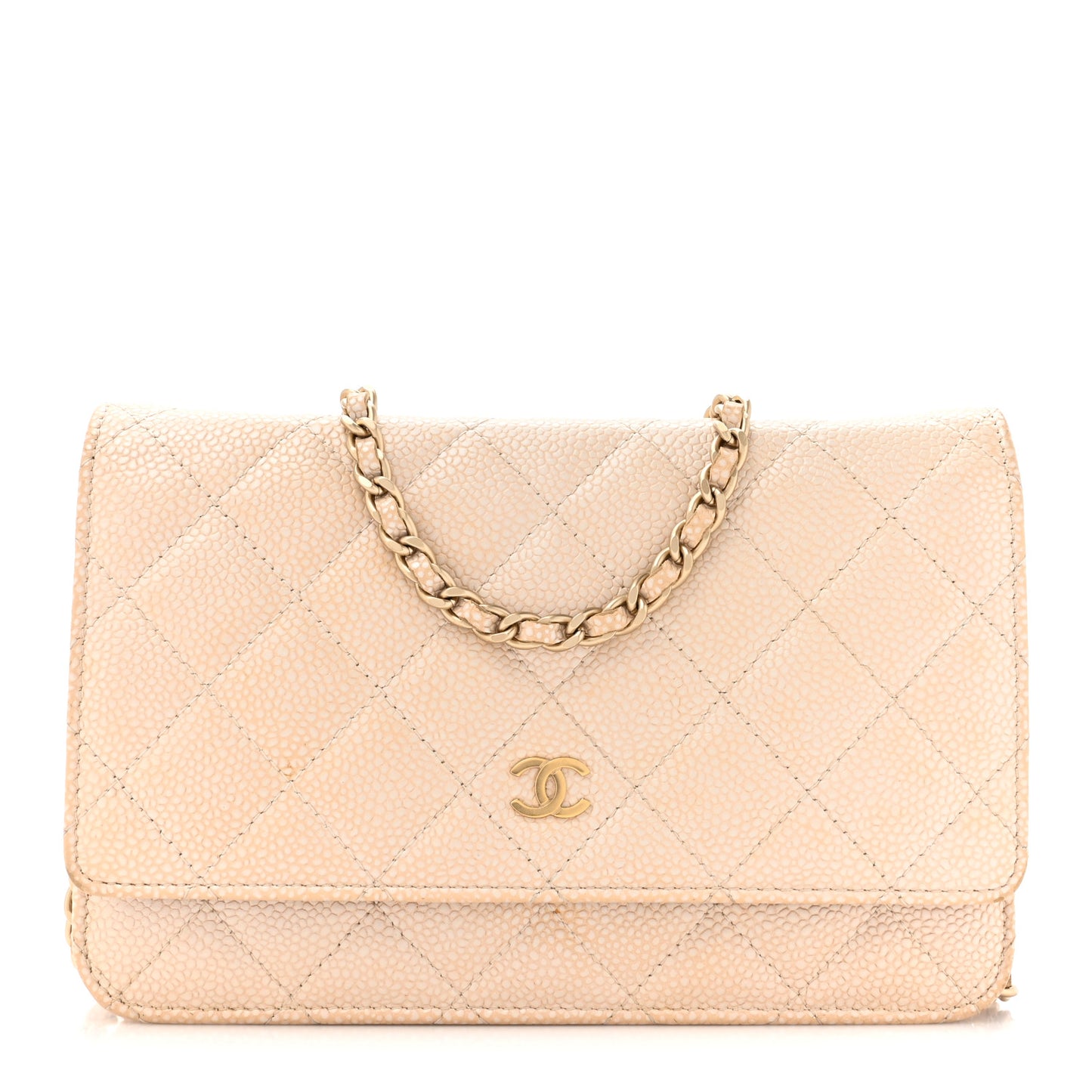 Pearly Caviar Quilted Wallet On Chain WOC Beige