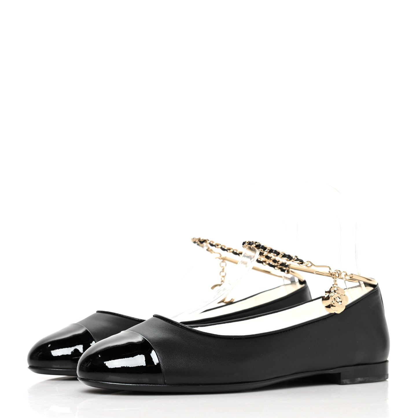 Lambskin Patent Calfskin Cap Toe Ankle Chain Ballerina Flats 38 Black
