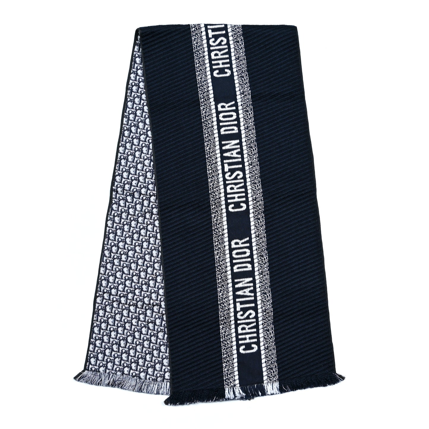 Wool Silk Oblique University Reversible Scarf Navy Blue