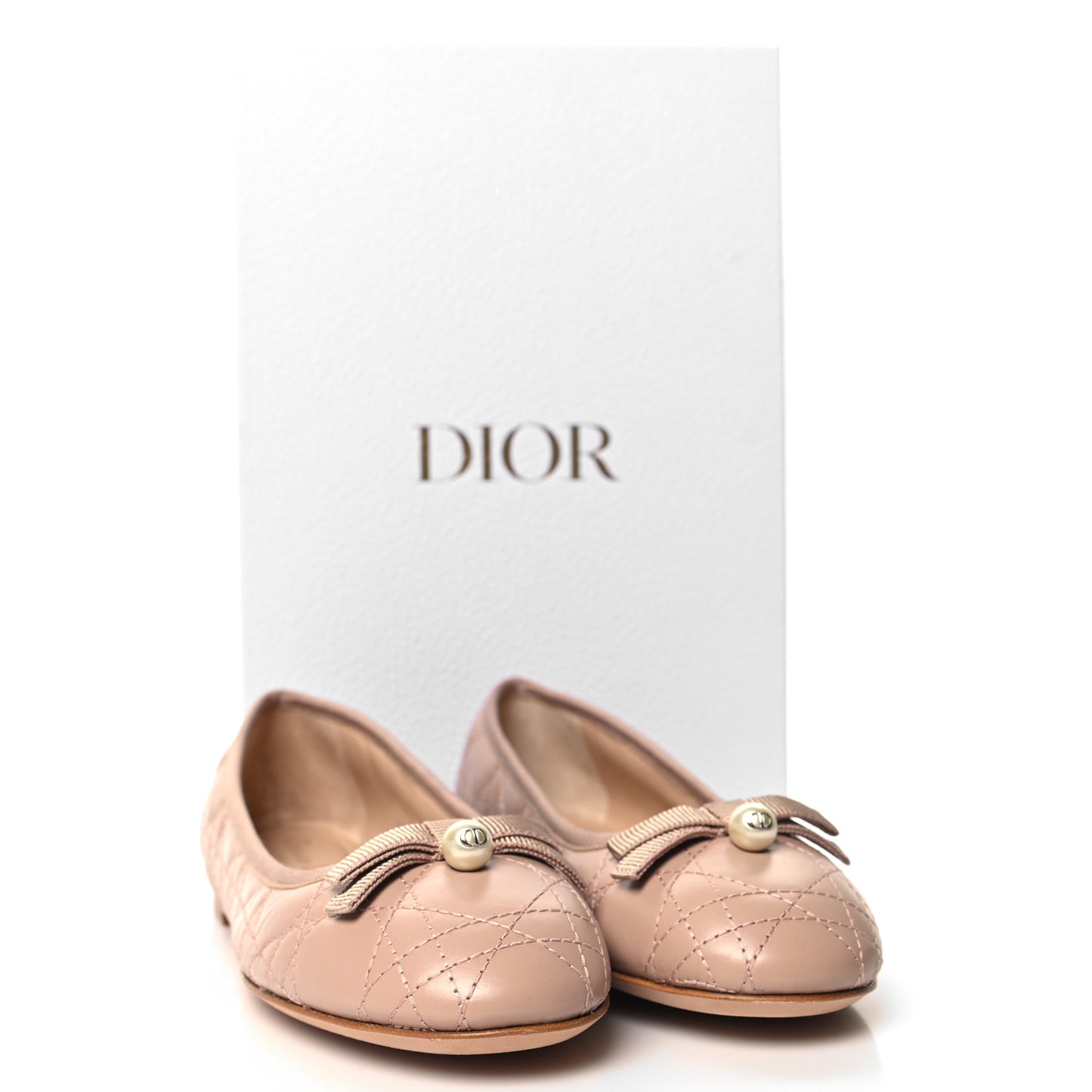 Calfskin Cannage Pearl Bow Ballet Flats 36 Nude