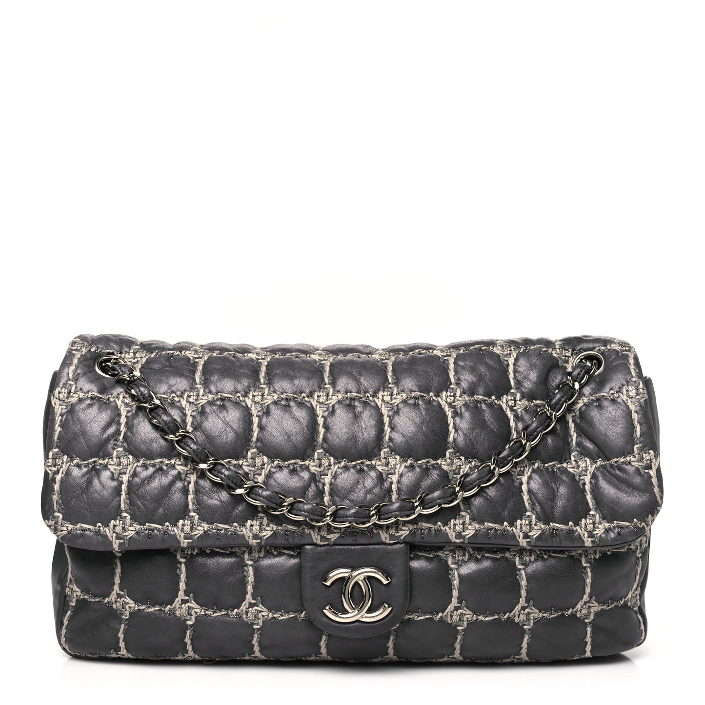 Lambskin Tweed Double Stitch Maxi Flap Grey