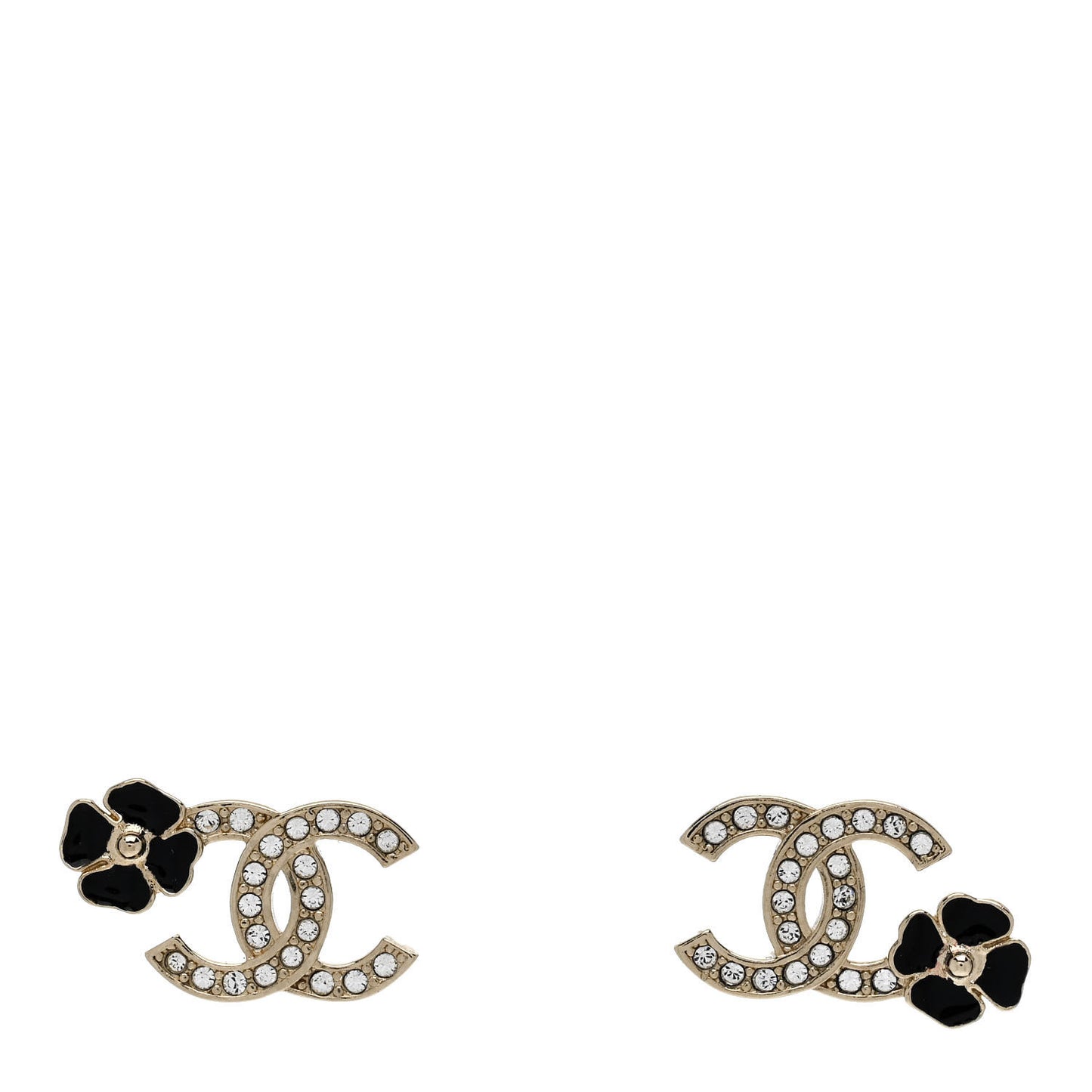 Metal Resin Crystal CC Flower Earrings Black Gold