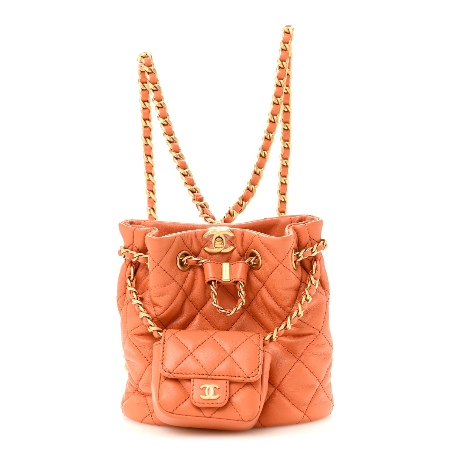 Chanel リュック Chanel Calfskin Quilted Small CC Chain Bucket Backpack Orange