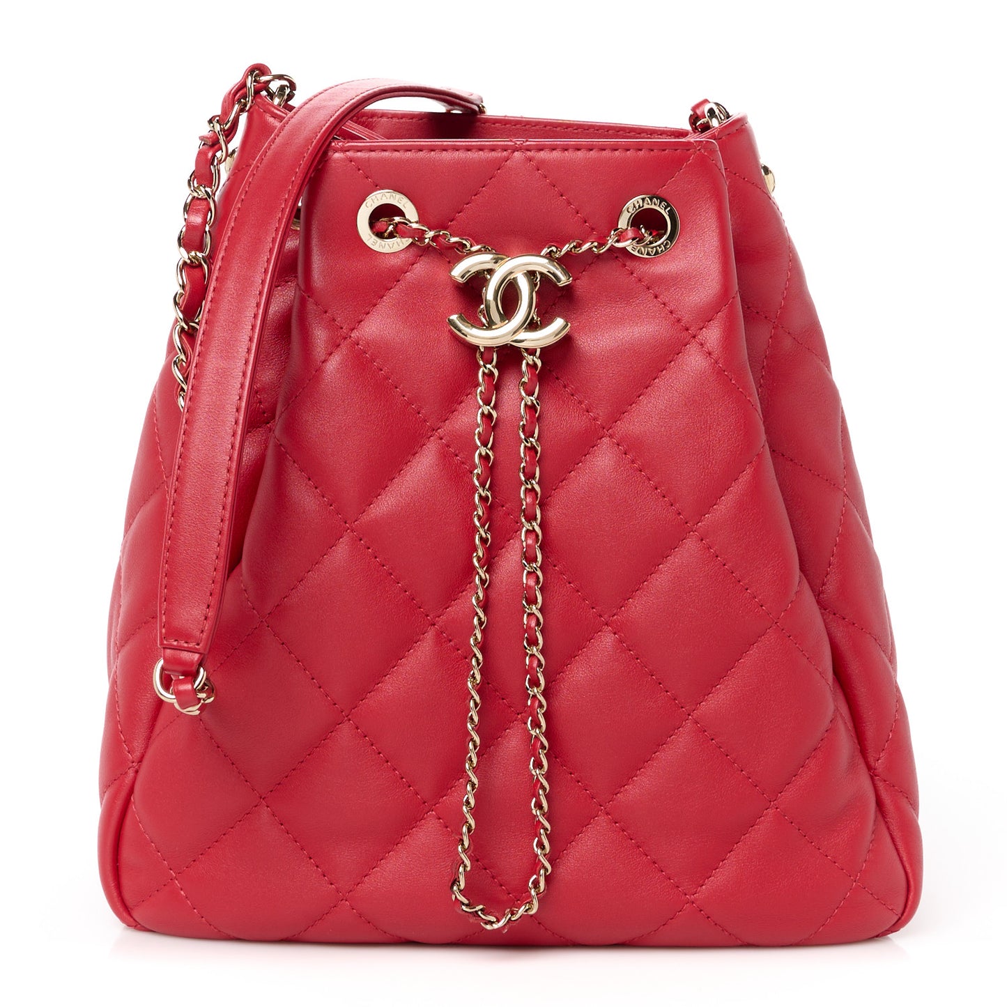Lambskin Quilted Chain Drawstring Bag Red