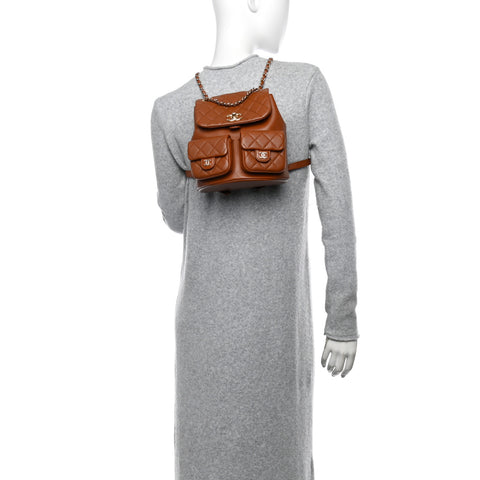 Calfskin Quilted Medium Duma Pockets Drawstring Backpack Light Brown