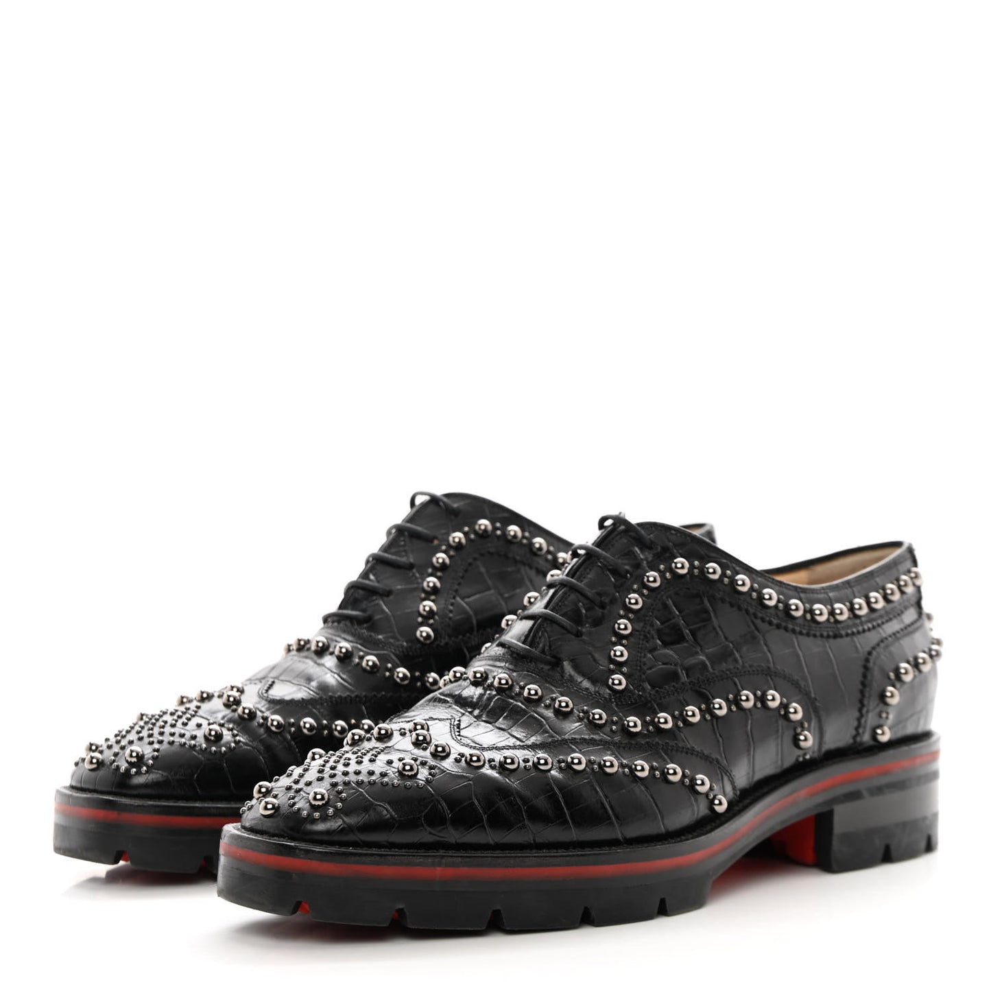 Croc Calfskin Embossed Womens Studded Crapadonna Oxfords 37 Black