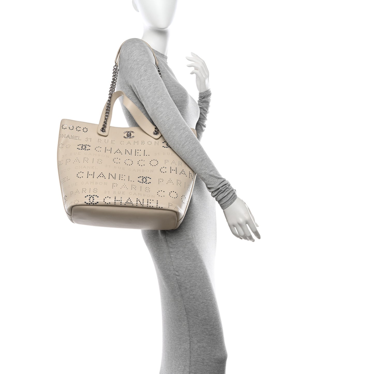 Calfskin Tweed Small Logo Eyelets Shopping Tote Beige