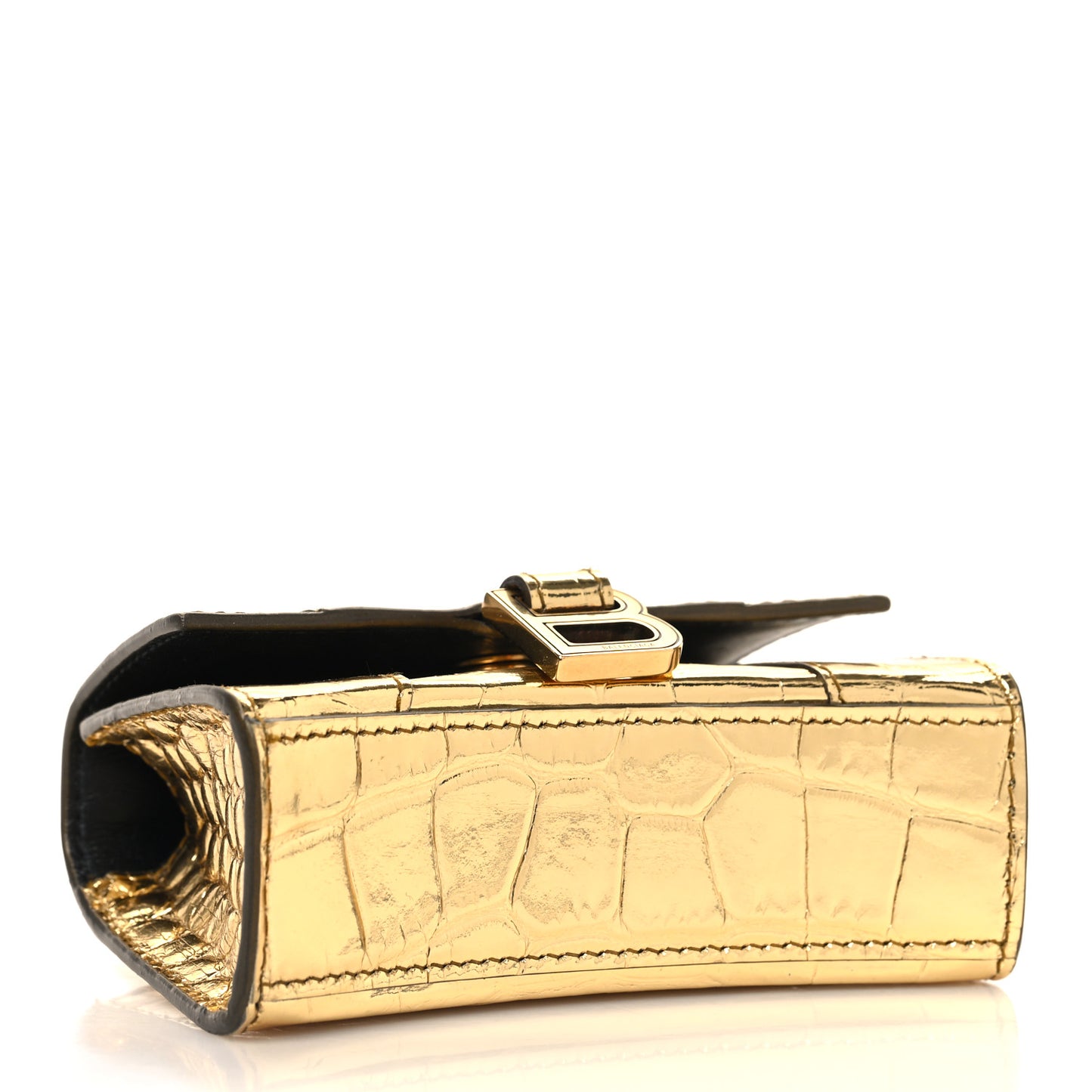 Metallic Calfskin Crocodile Embossed Hourglass Top Handle Bag Mini with Chain Gold