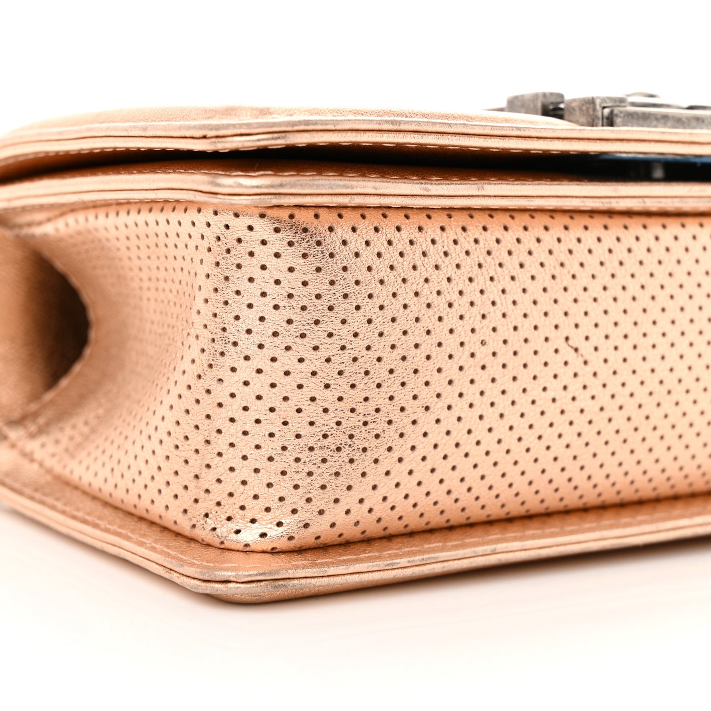 Metallic Calfskin Perforated Small Boy Flap Gold