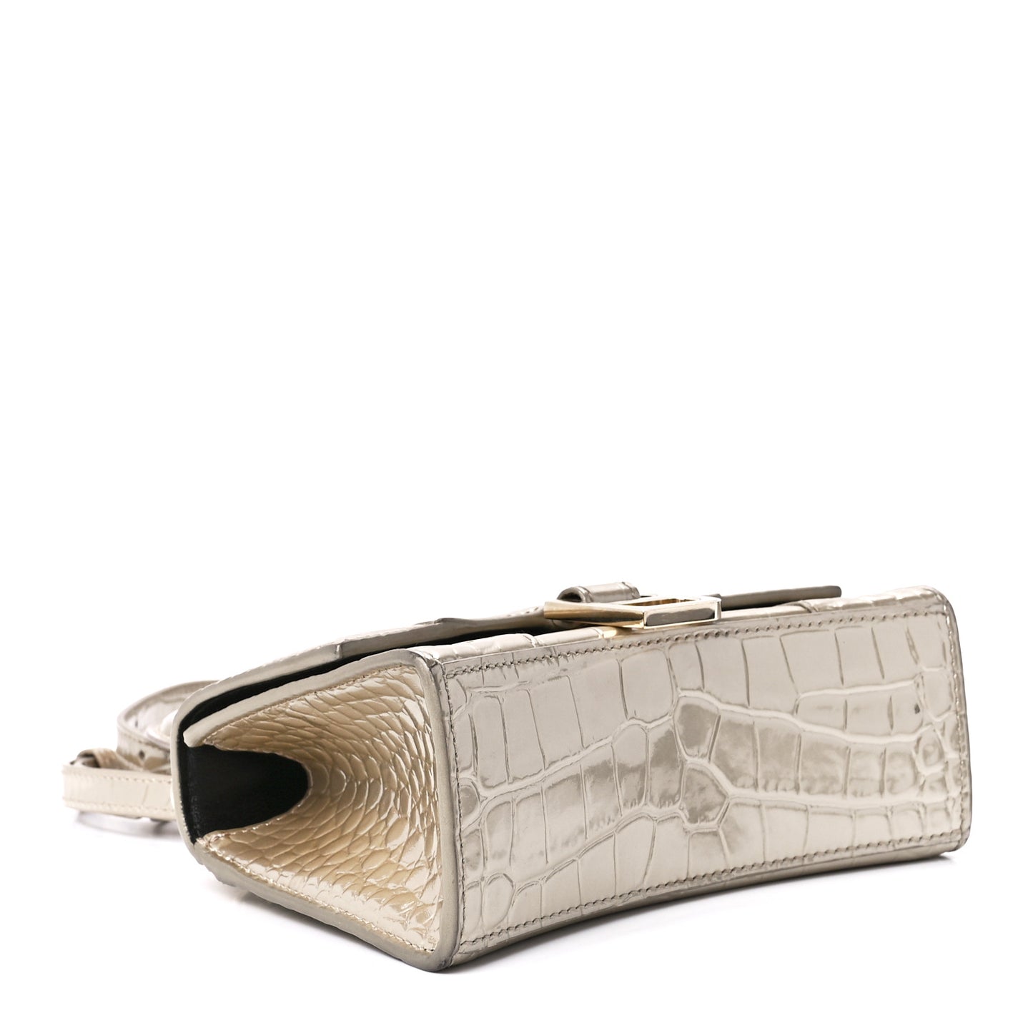 Metallic Shiny Calfskin Crocodile Embossed Hourglass Top Handle Bag XS Light Gold