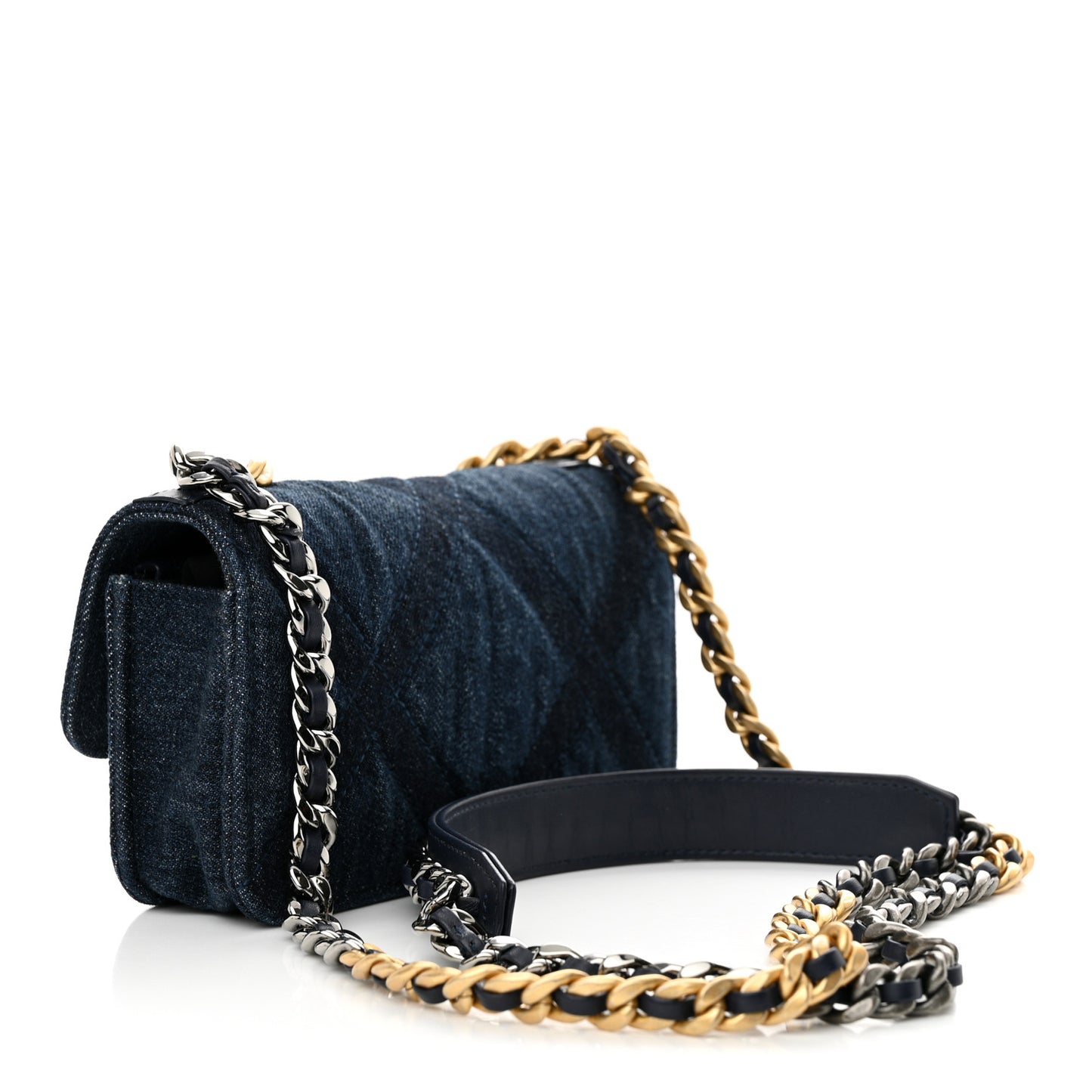 Denim Quilted Chanel 19 Flap Phone Holder With Chain Blue