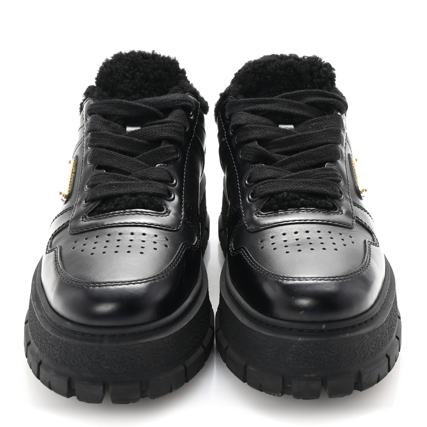 Calfskin Shearling Metal Triangle Logo Sneakers 35.5 Black