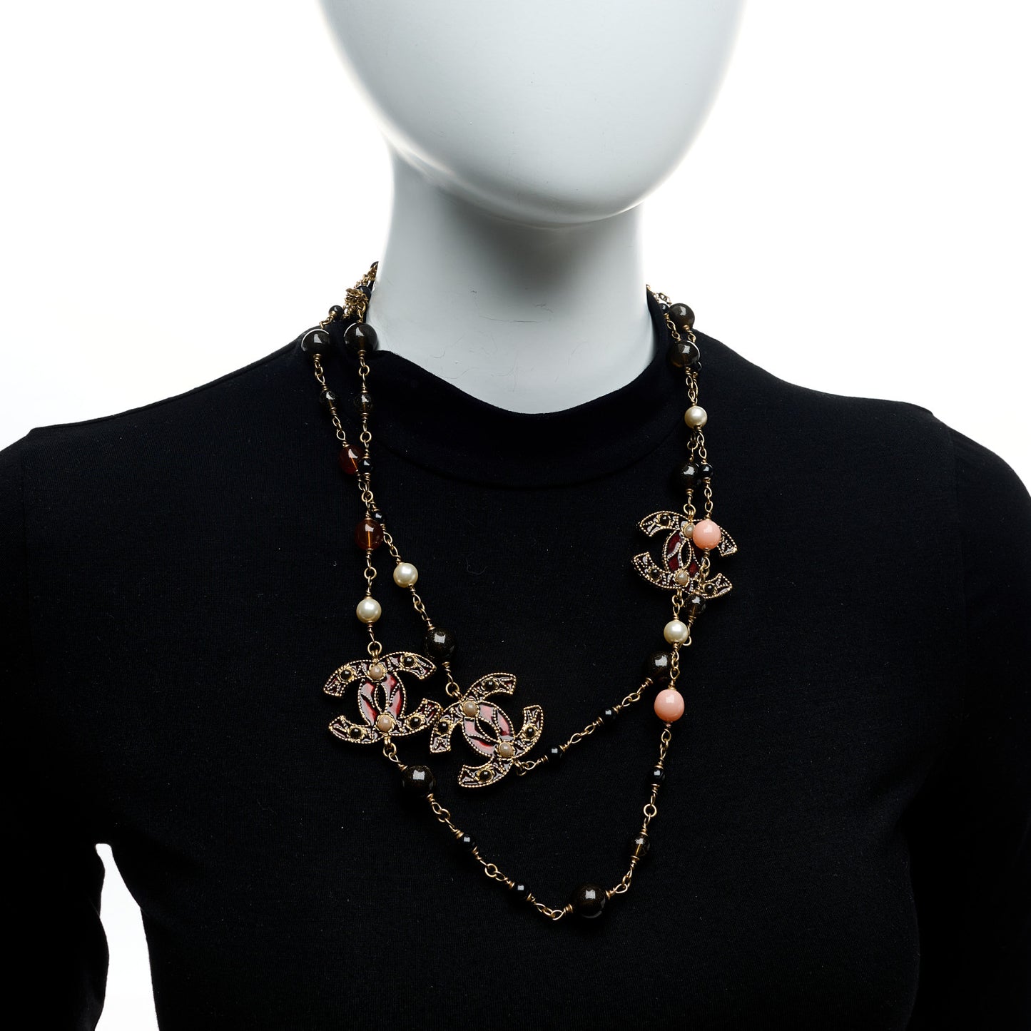 Pearl Resin Beaded CC Long Necklace Gold Multicolor