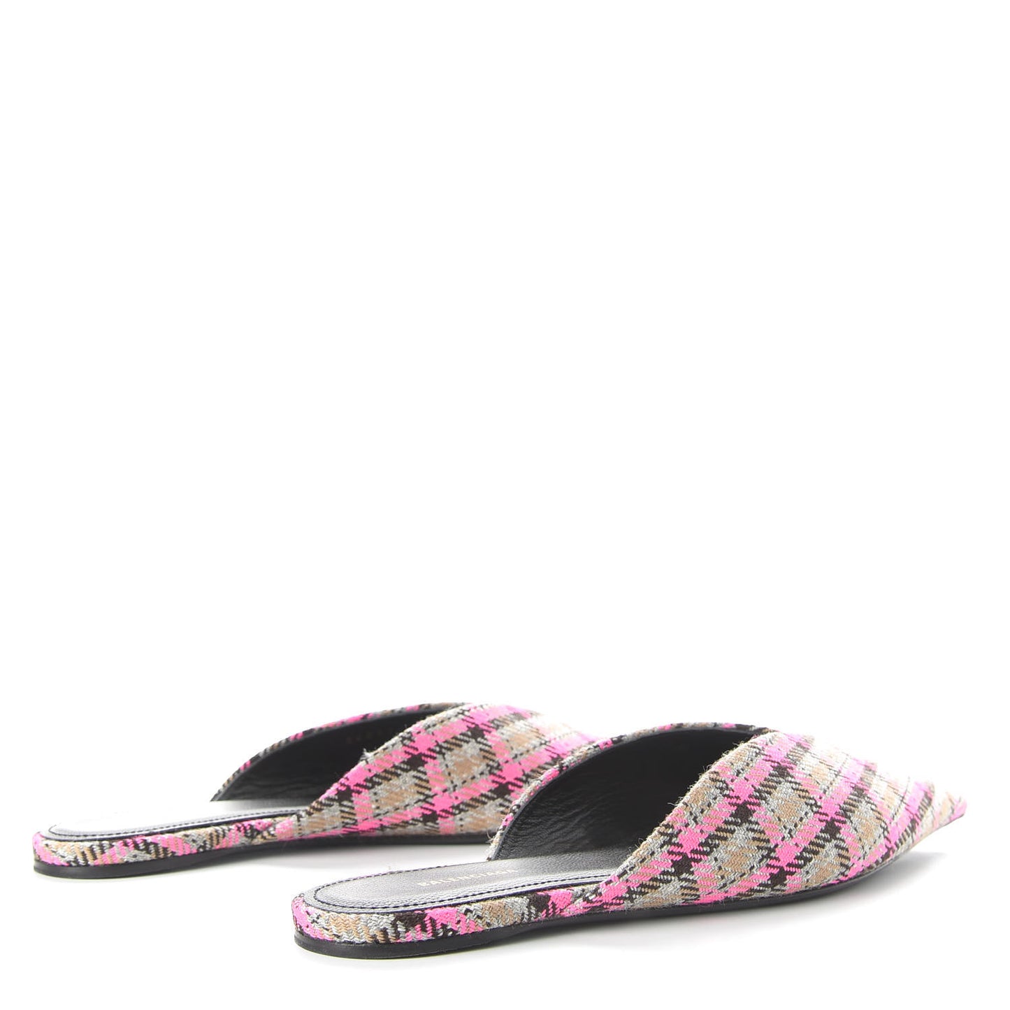 Wool Check Pointed Toe Flat Mules 35 Grey Pink