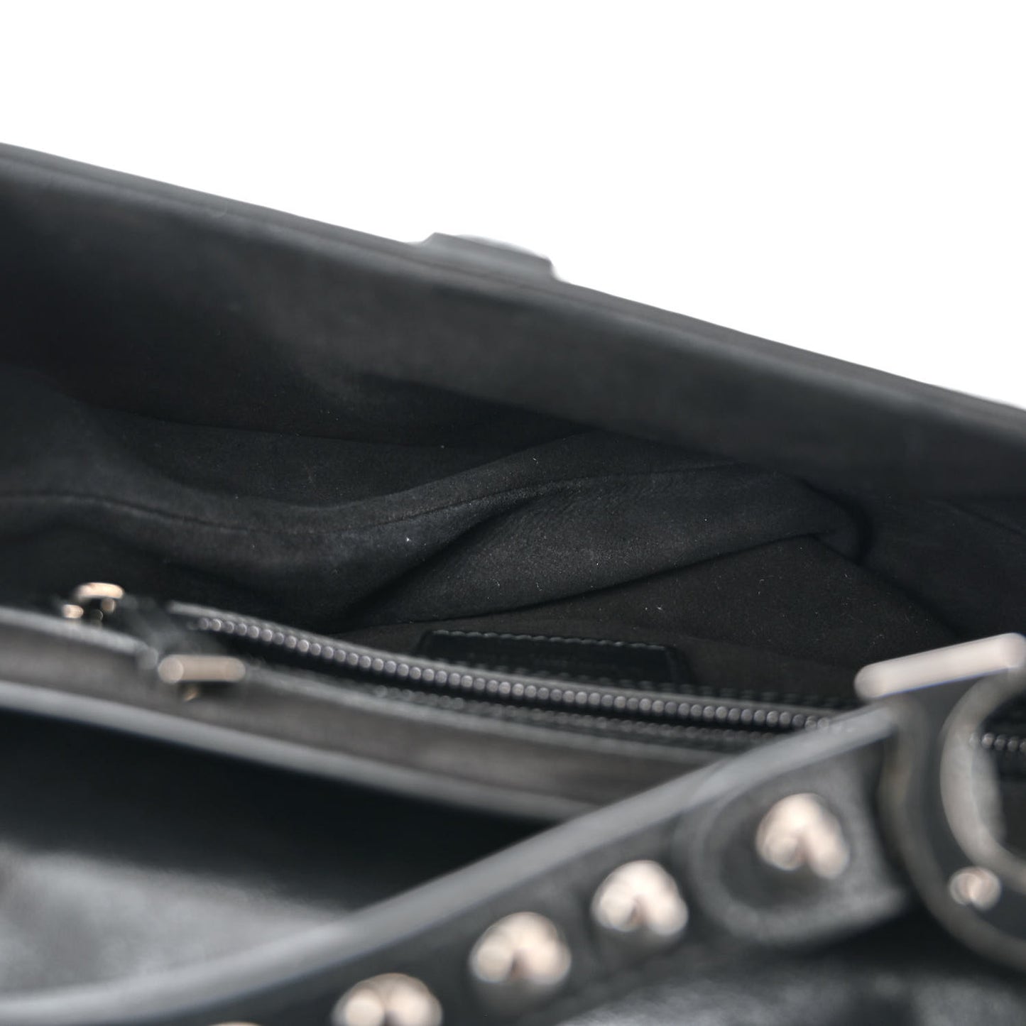 Crinkled Patent Lambskin Studded Saddle Bag With Strap Black