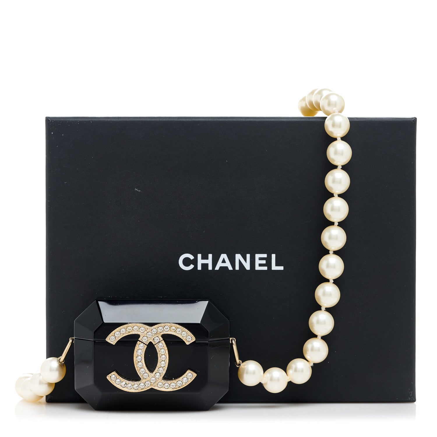 Chanel Resin Crystal Pearl Airpods Pro Holder Necklace Black Pearly White 7 of 7