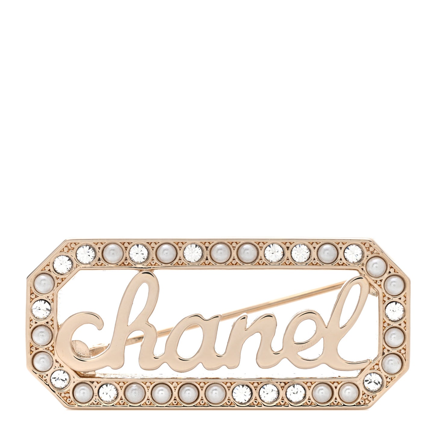 Crystal Pearl Logo Brooch Gold White