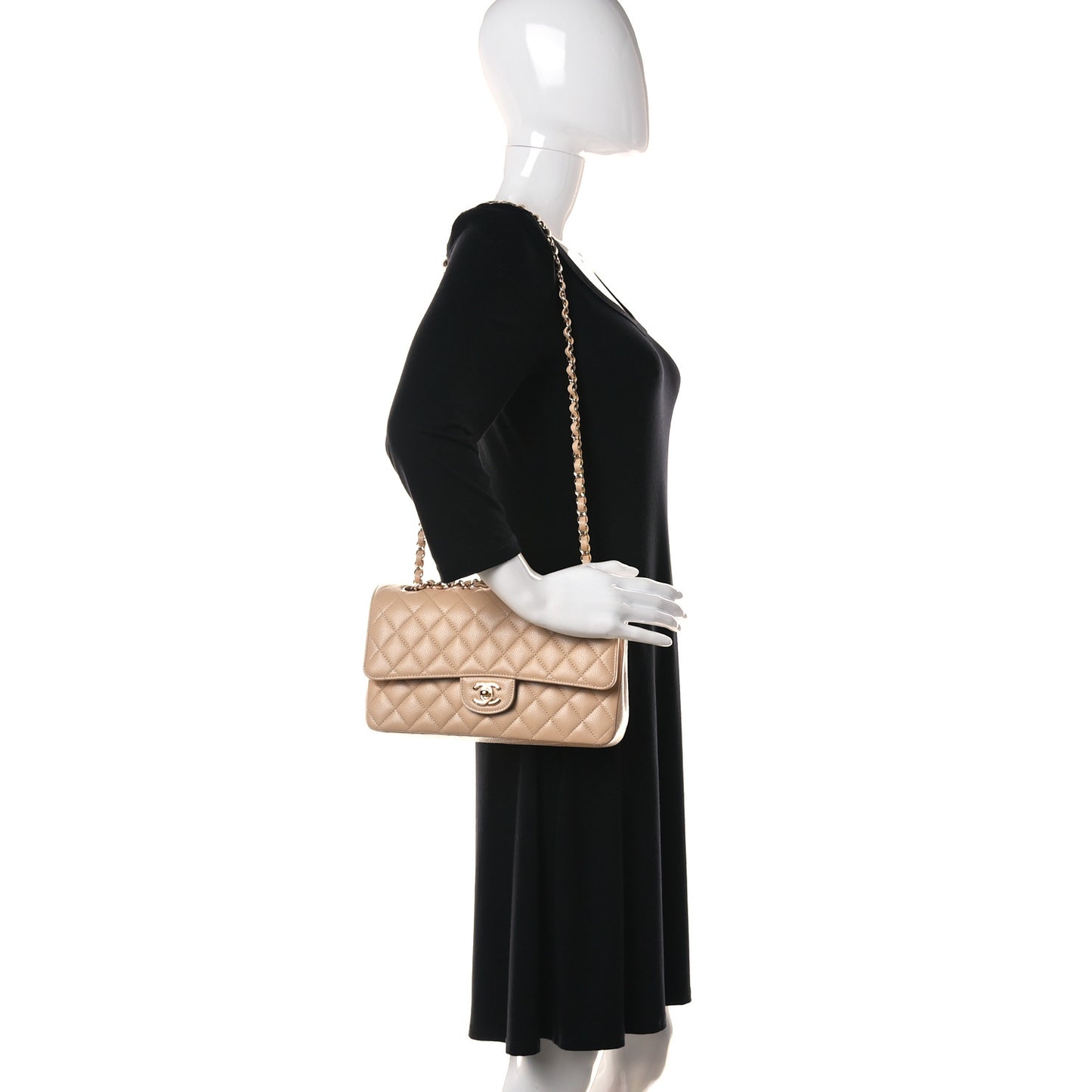Caviar Quilted Medium Double Flap Beige