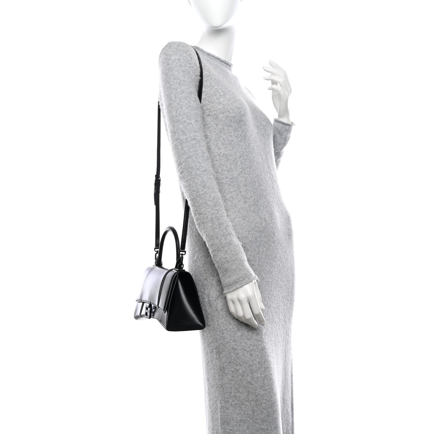 Shiny Box Calfskin Monochrome Small Hourglass Top Handle Bag Black