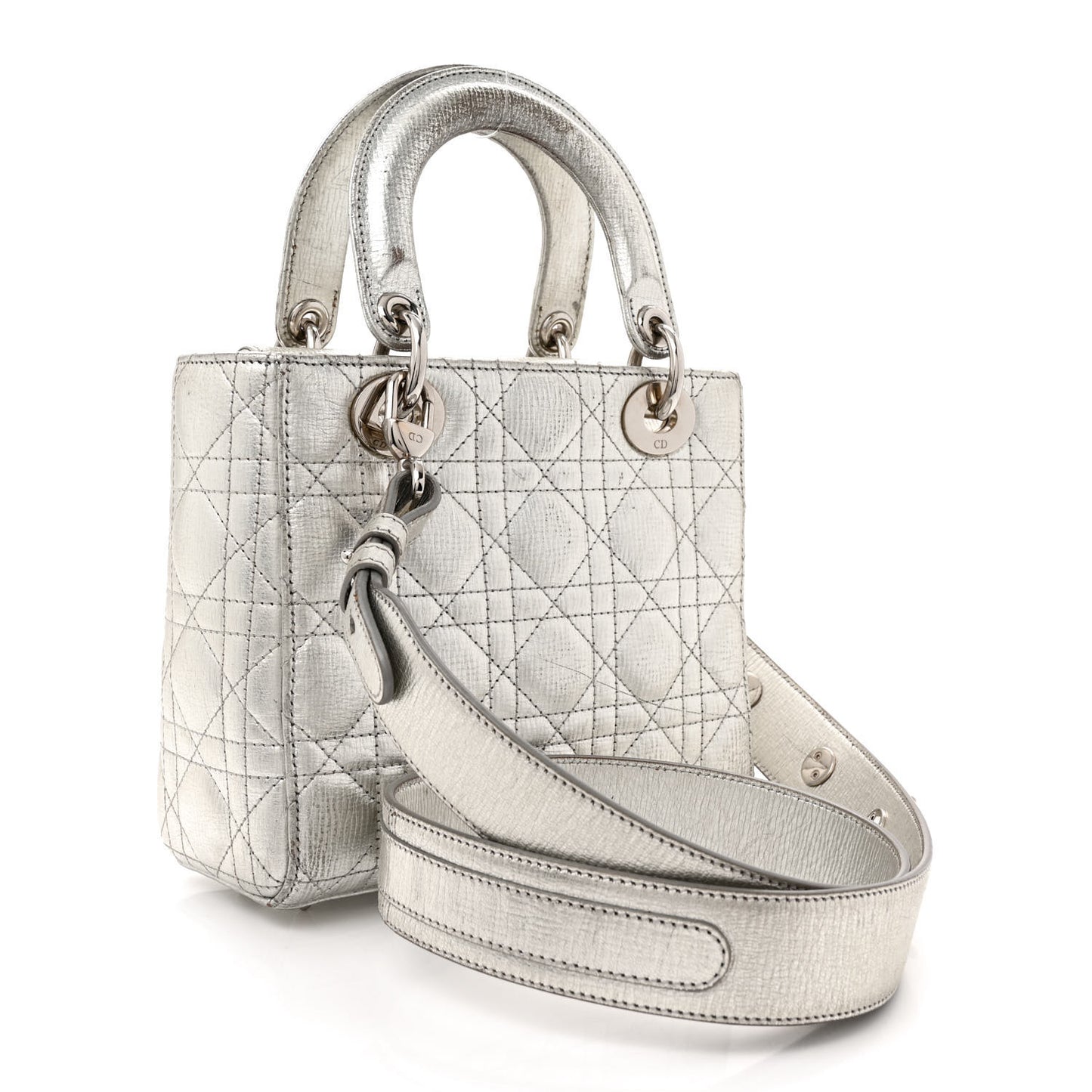Metallic Grained Calfskin Cannage Small Lucky Badges My Lady Dior Silver