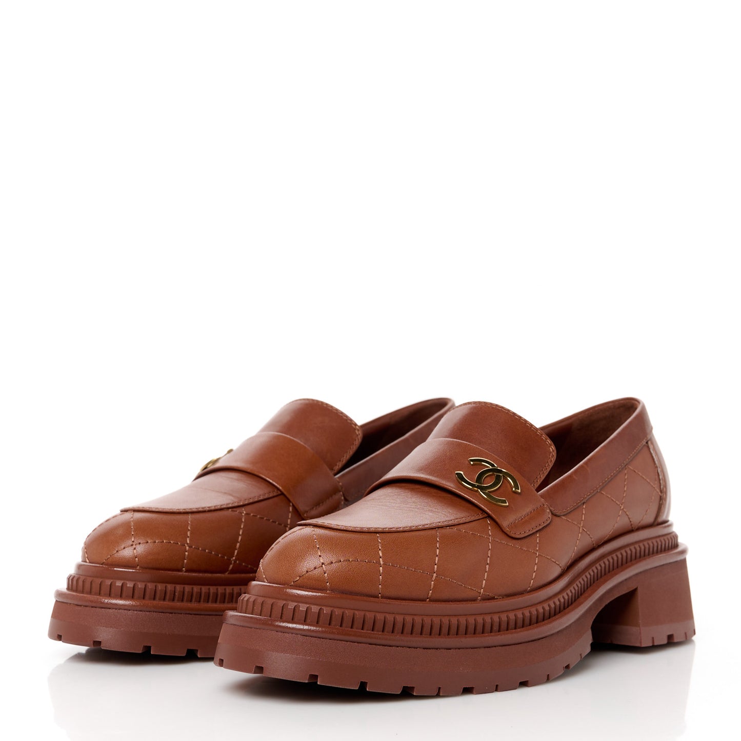 Calfskin Quilted CC Mocassin Loafers 36.5 Light Brown