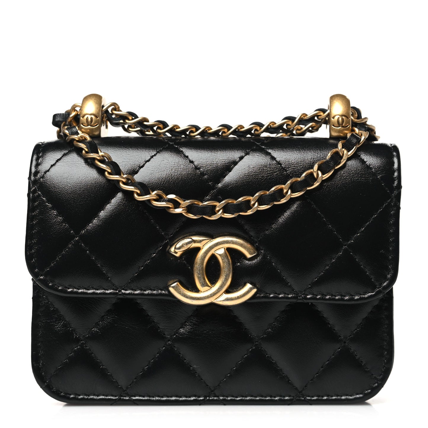 Calfskin Quilted Perfect Fit Coin Purse With Chain Black