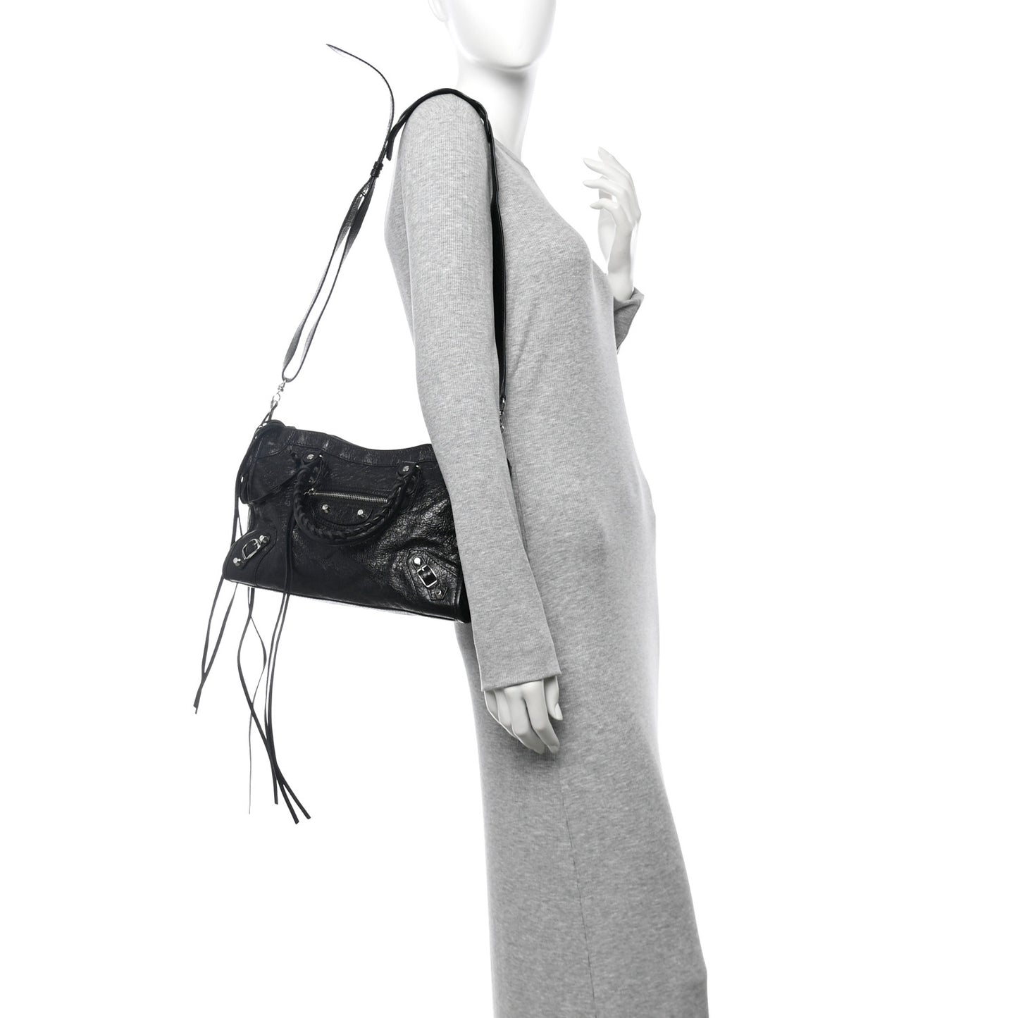 Agneau Classic Silver Hardware S City Logo Strap Black White
