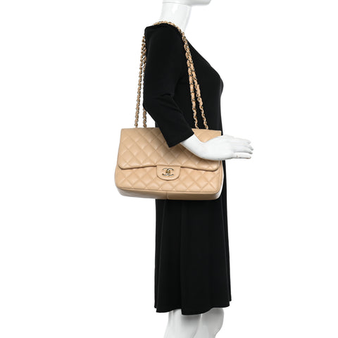 Lambskin Quilted Jumbo Single Flap Beige Clair