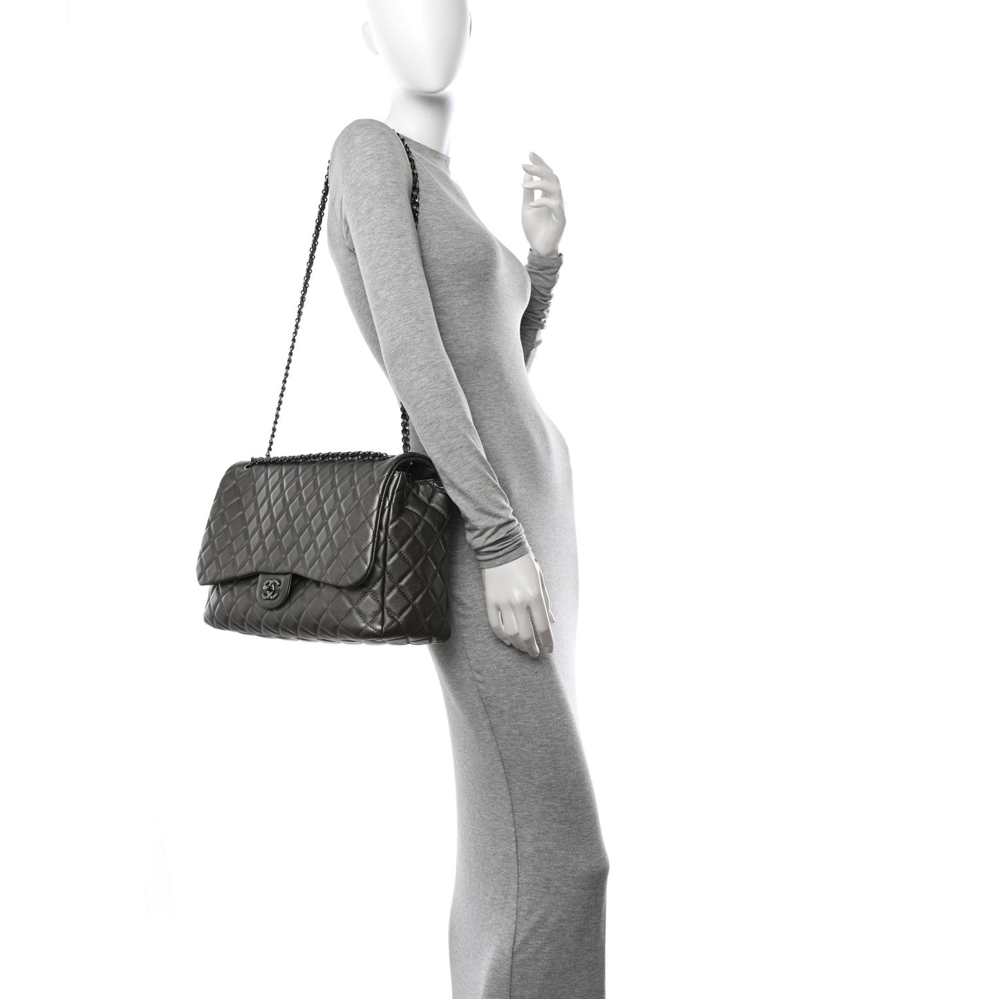 Metallic Calfskin Quilted Small XXL Travel Flap Bag Dark Silver