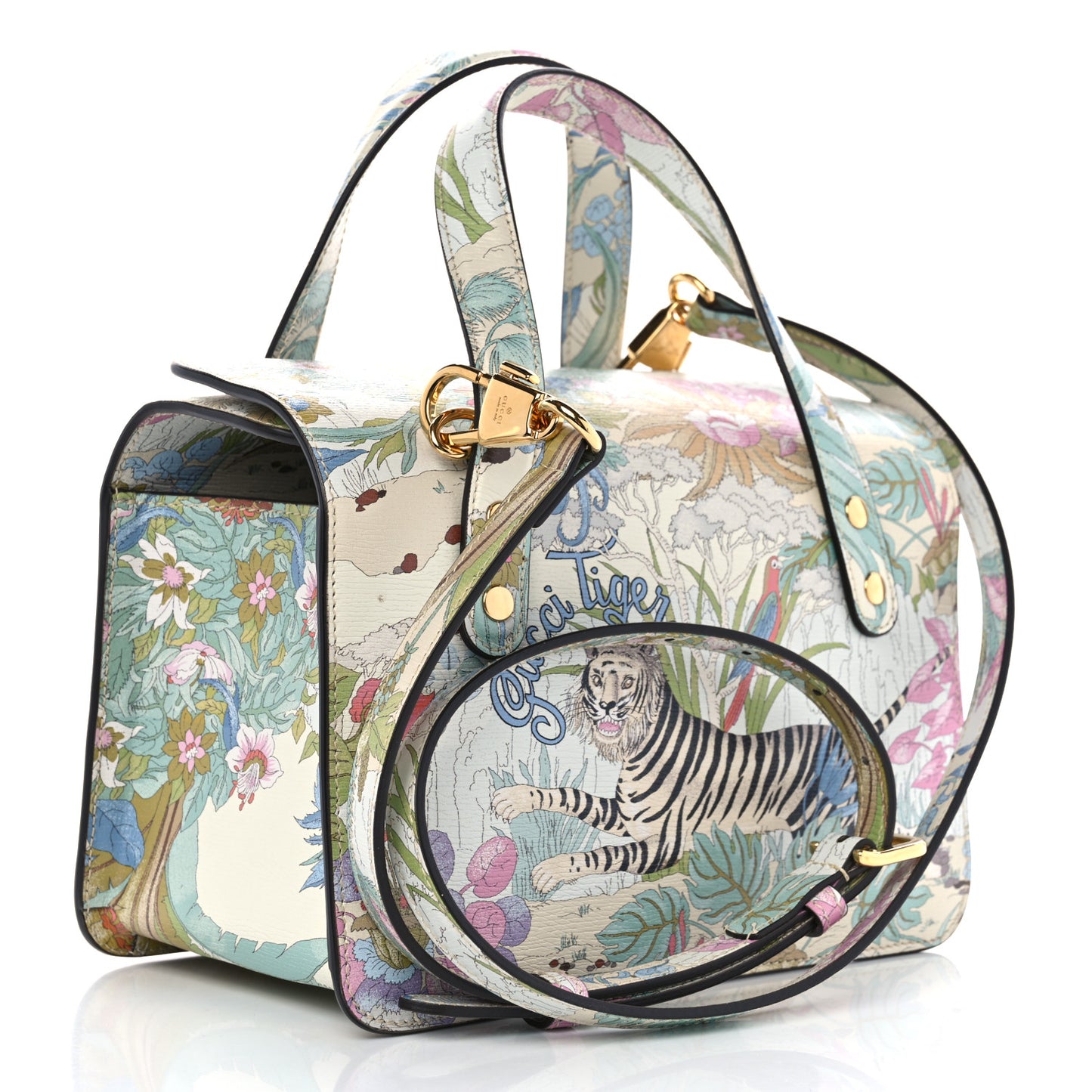 New Shangai Calfskin Tiger Savanah Mini Horsebit 1955 Foldover Top Handle Bag Chalky White Multicolor