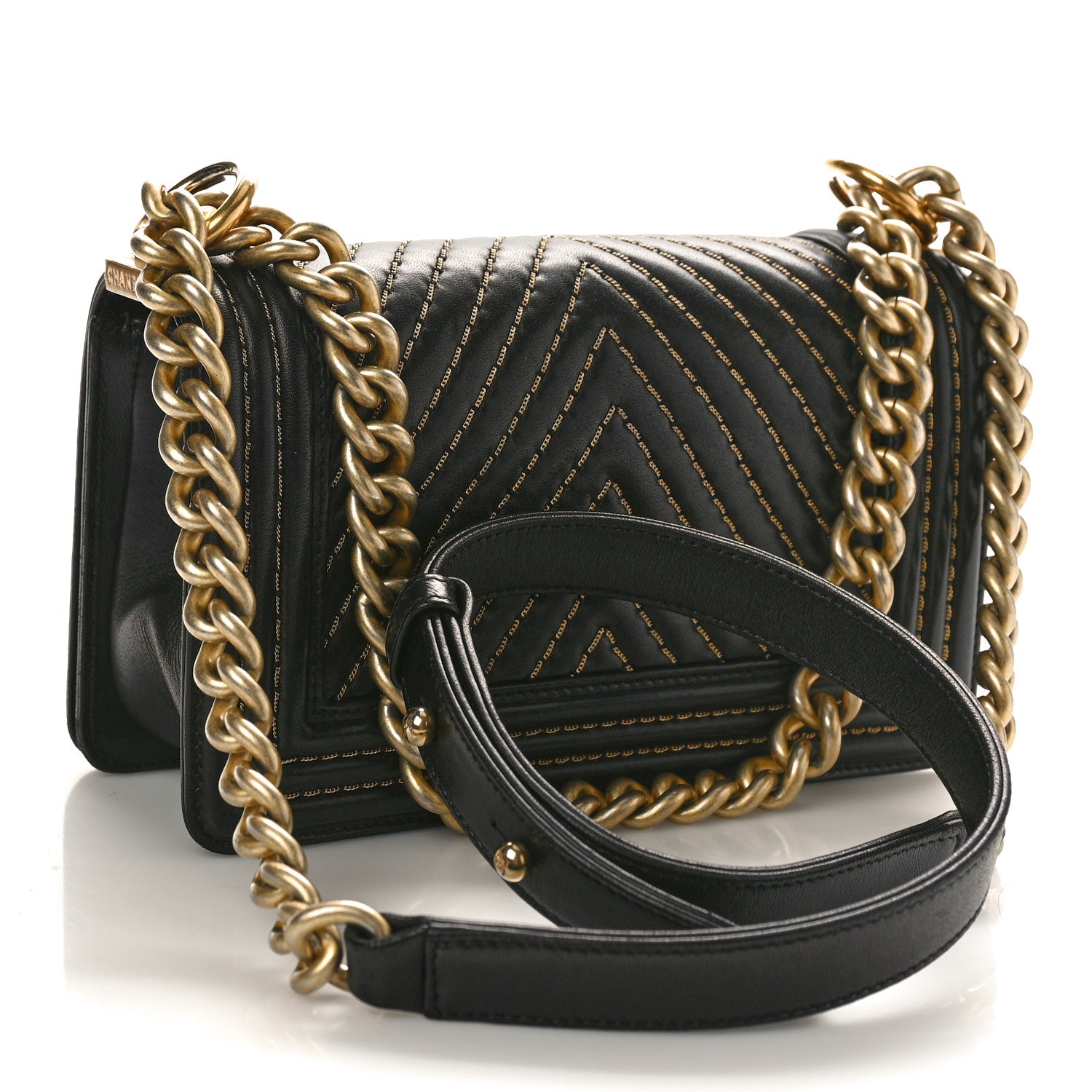 Chanel Lambskin Chevron Chain Stitched Small Boy Flap Black 3 of 9