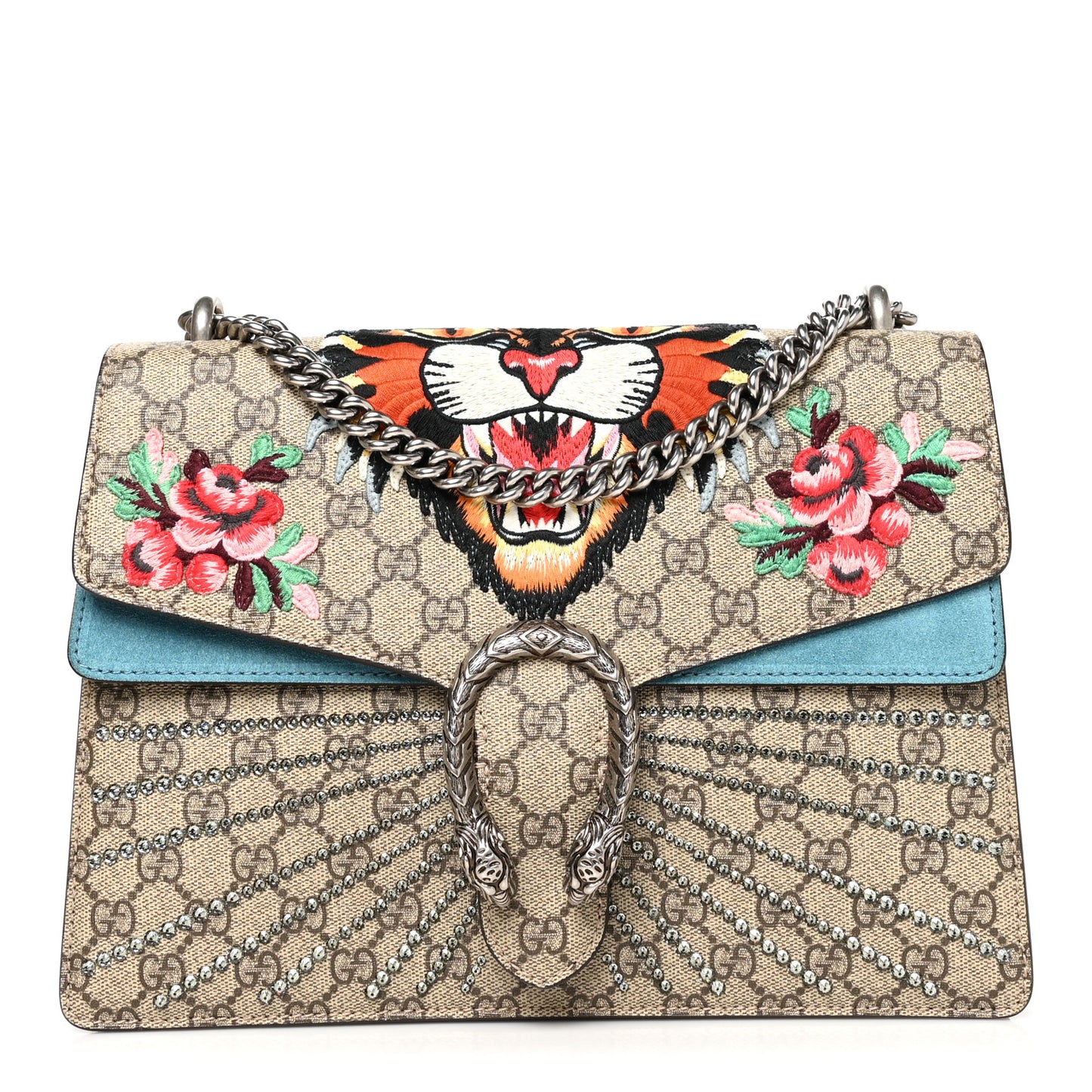 GG Supreme Monogram Angry Cat Embroidered Medium Dionysus Shoulder Bag Beige Ultramarine