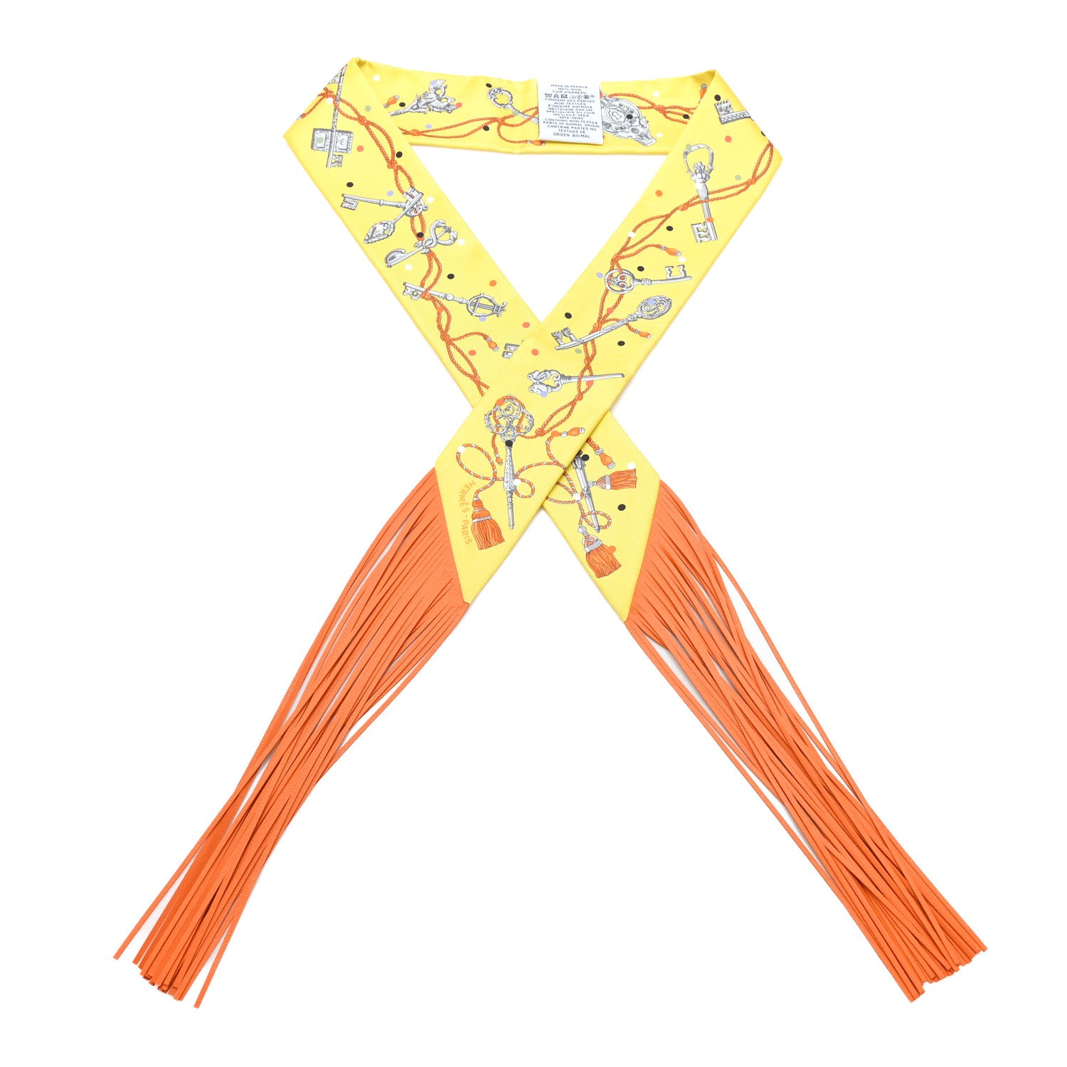 Hermes Silk Calfskin Les Cles A Pois Fringed Twilly Jaune Argent