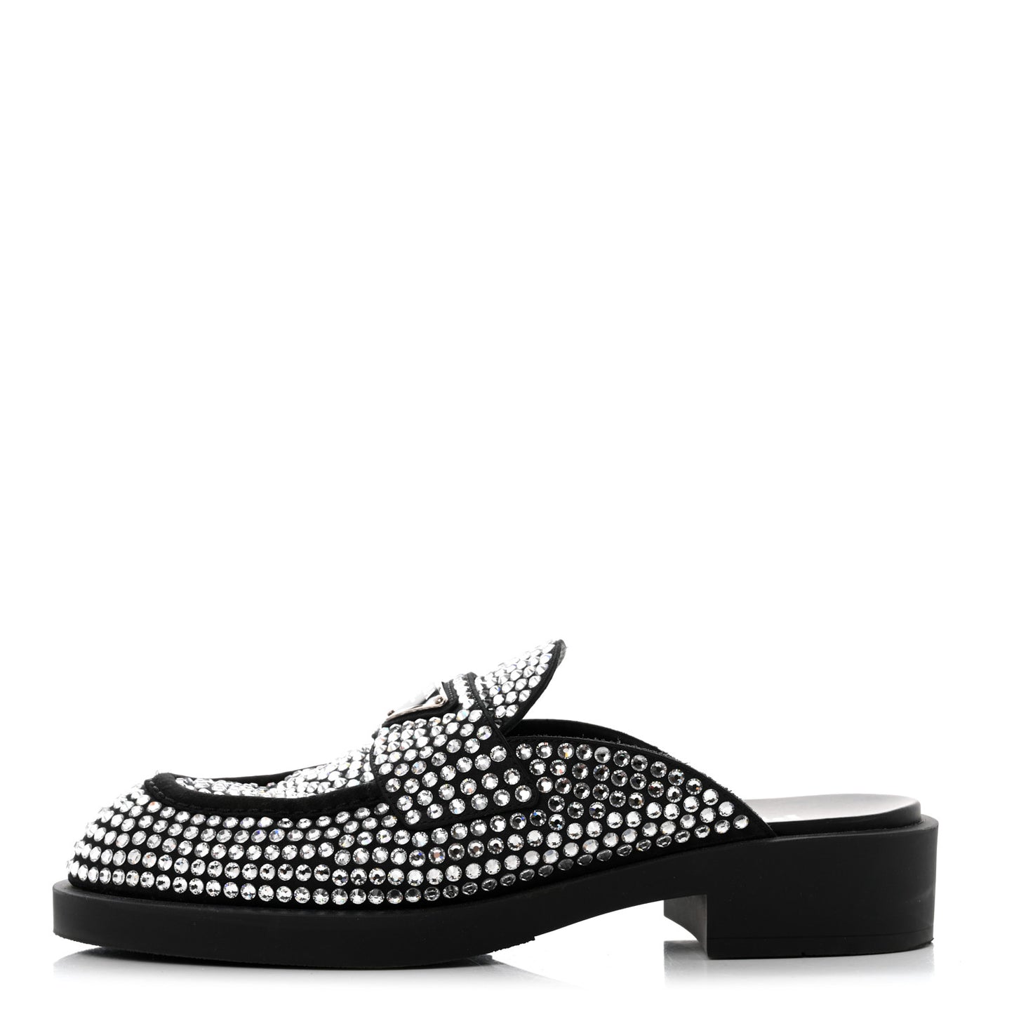 Satin Crystal Metal Triangle Logo 40mm Loafer Mules 38.5 Cristal