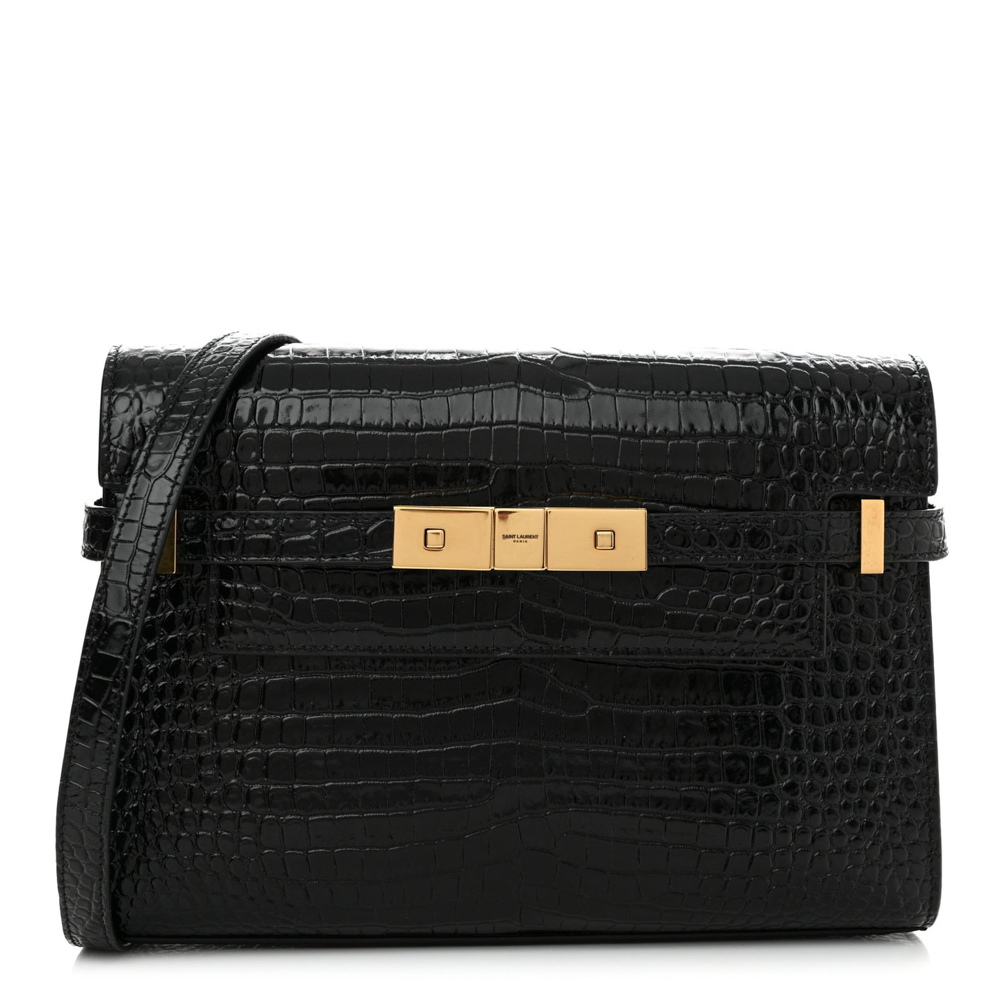 Shiny Calfskin Crocodile Embossed Small Manhattan Baguette Black